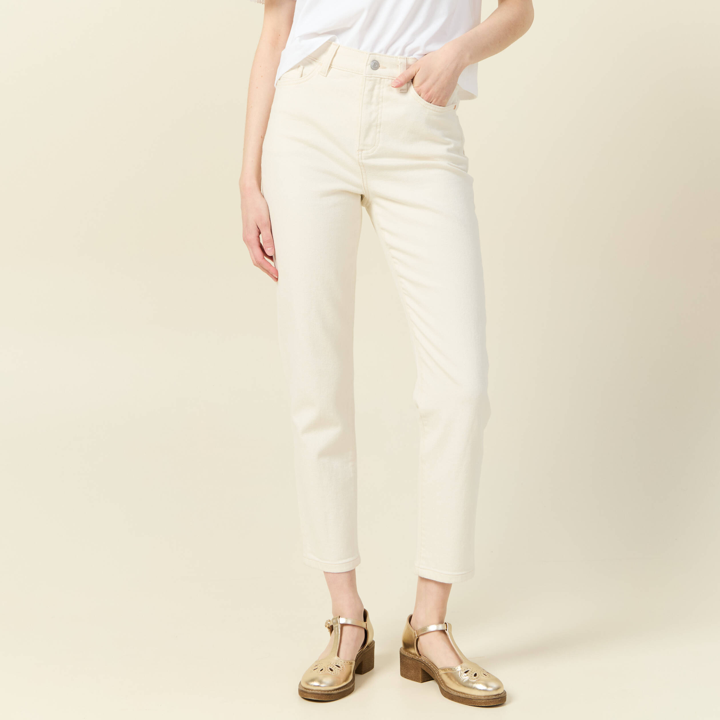 Jeans mom 7/8&egrave;me ecru femme