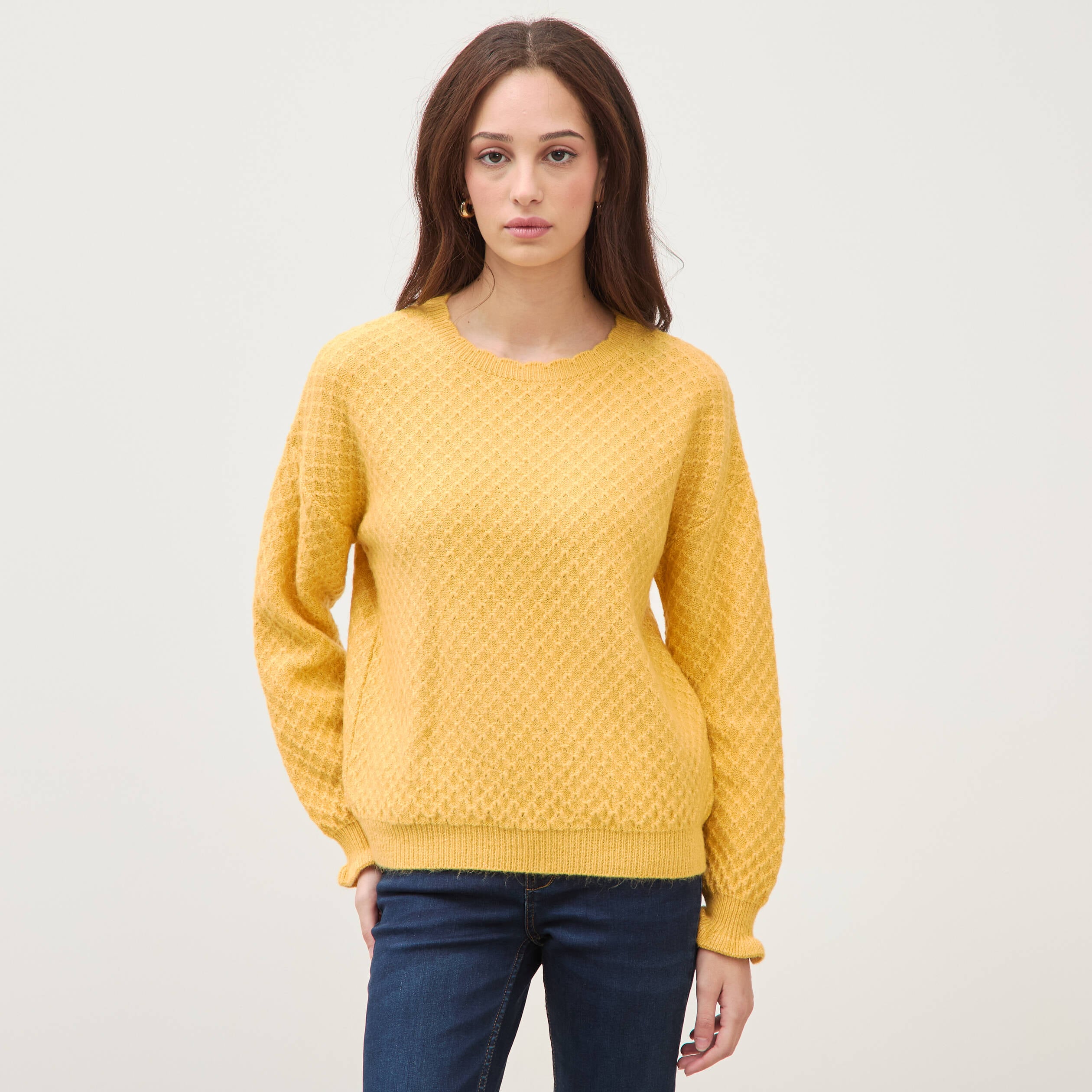 Pull droit col rond manches longues jaune femme