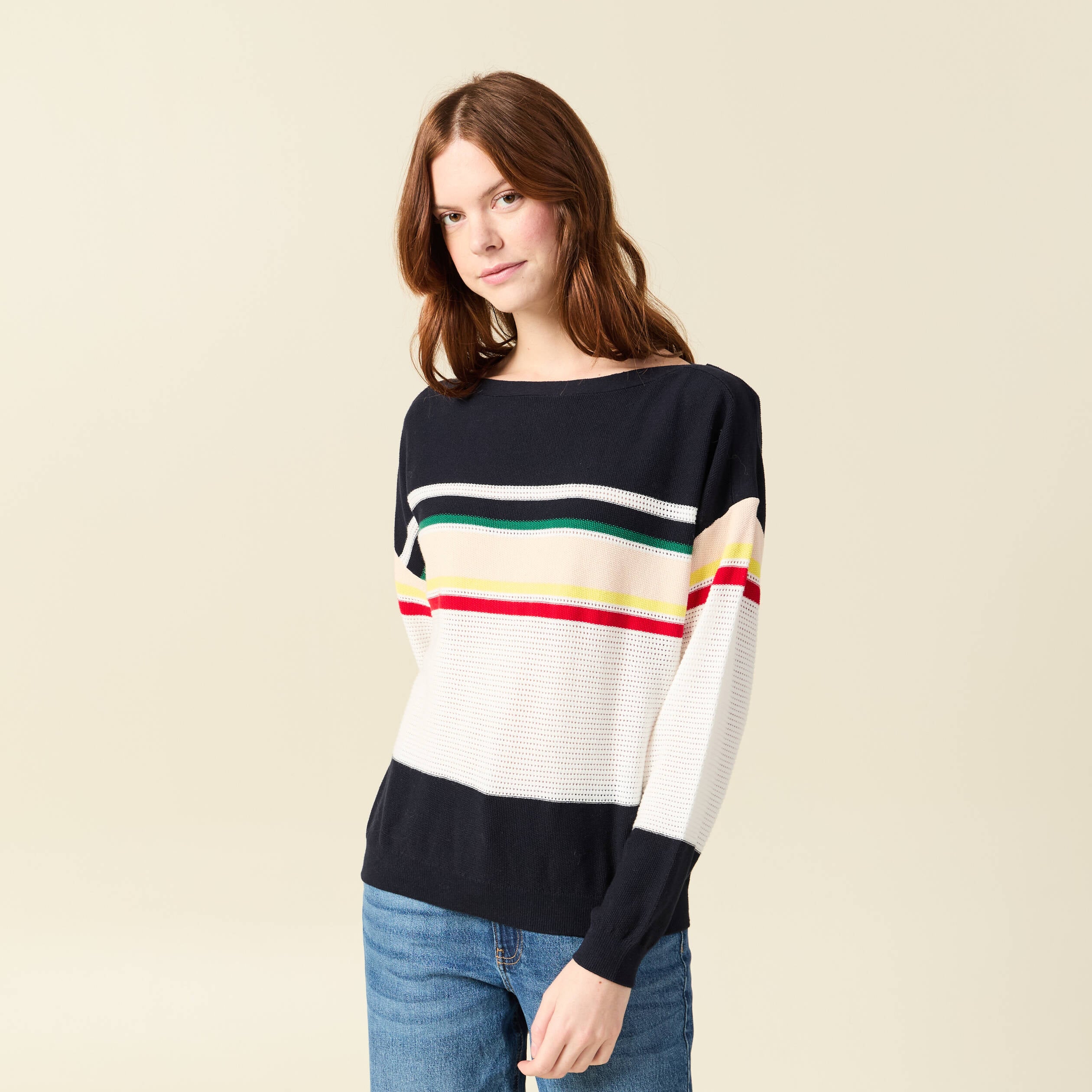 Pull col bateau manches longues en coton bleu marine femme