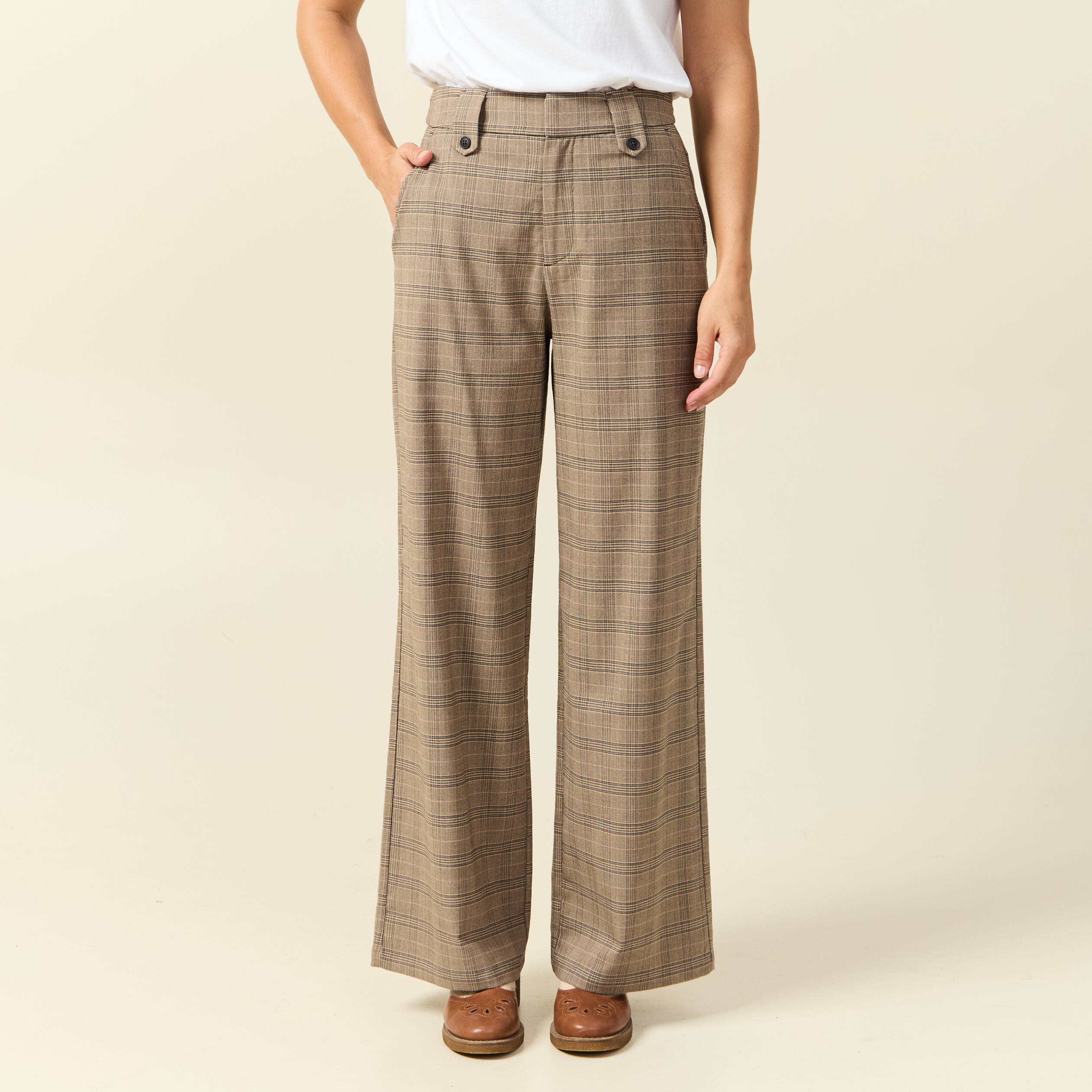 Pantalon large taille haute fluide beige fonce femme