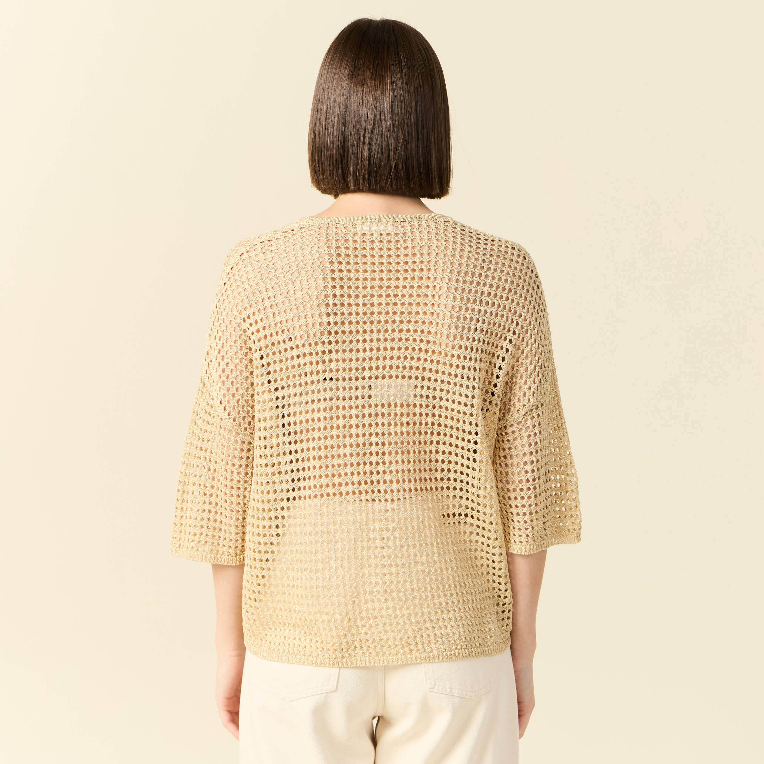 Pull manches courtes ajour&eacute; creme femme