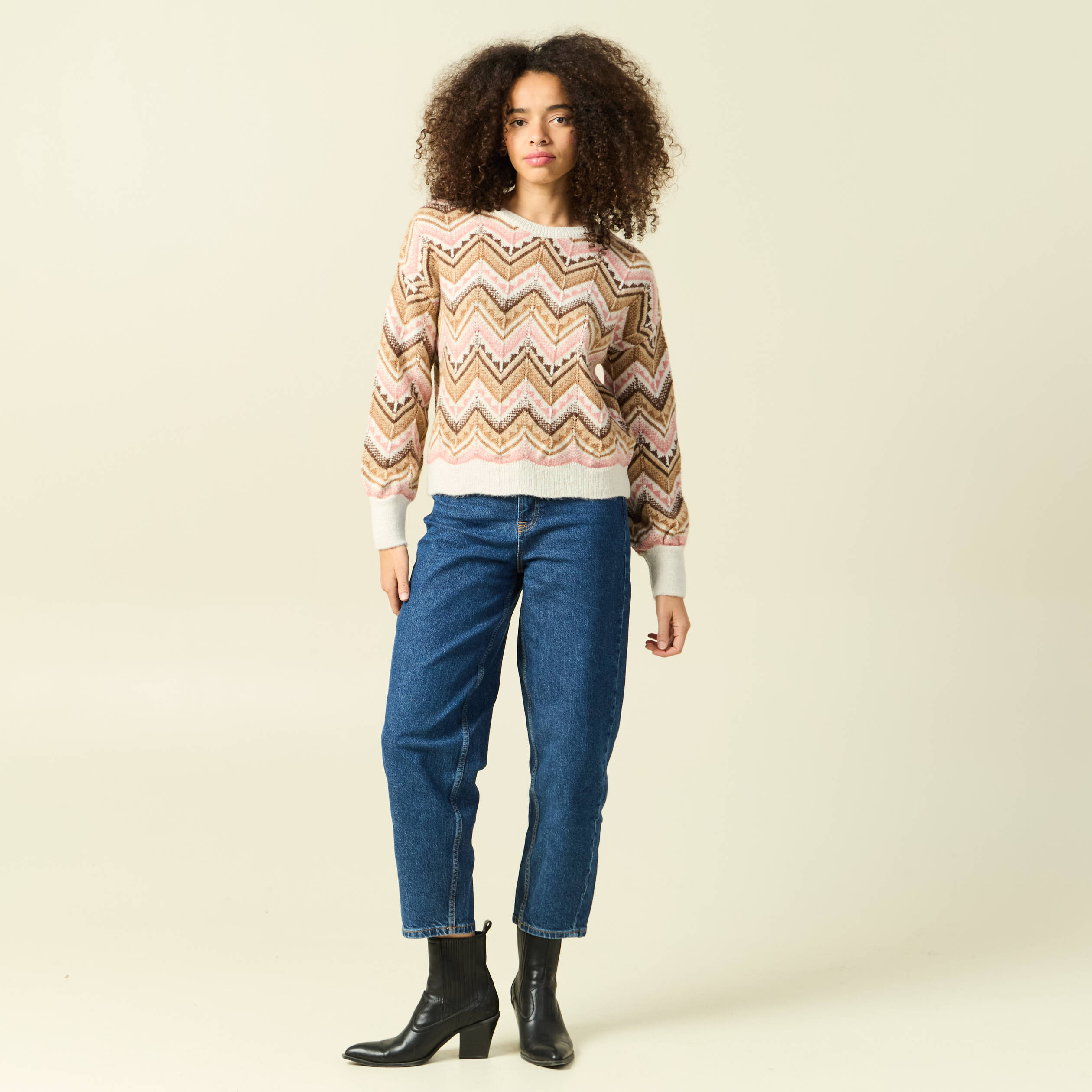 Pull col rond manches longues rose femme