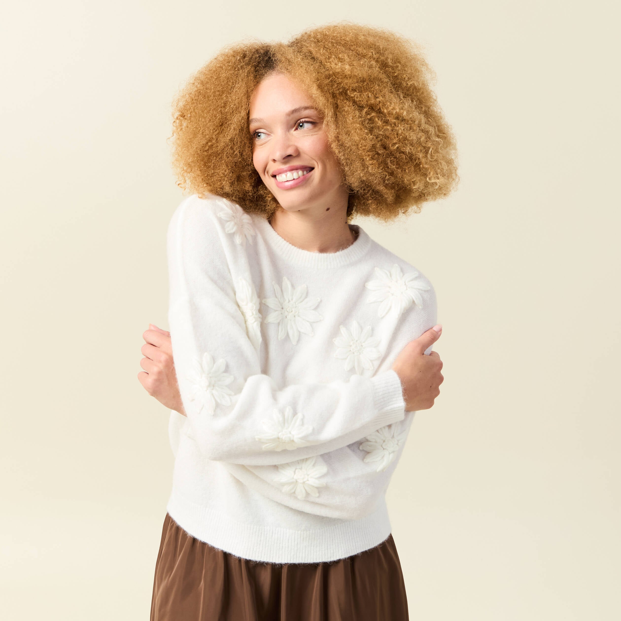 Pull manches longues col rond ecru femme