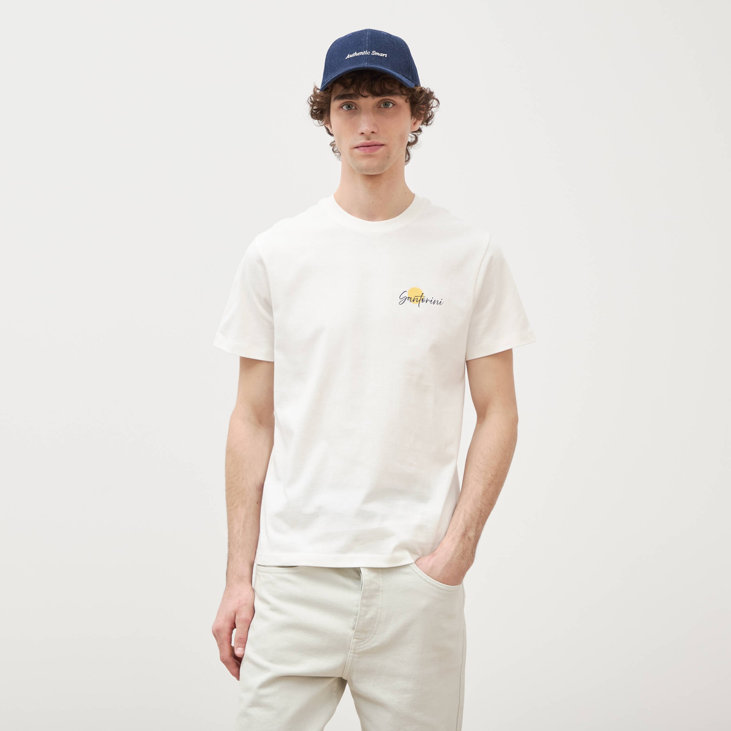 T-shirt droit en coton col rond ecru homme