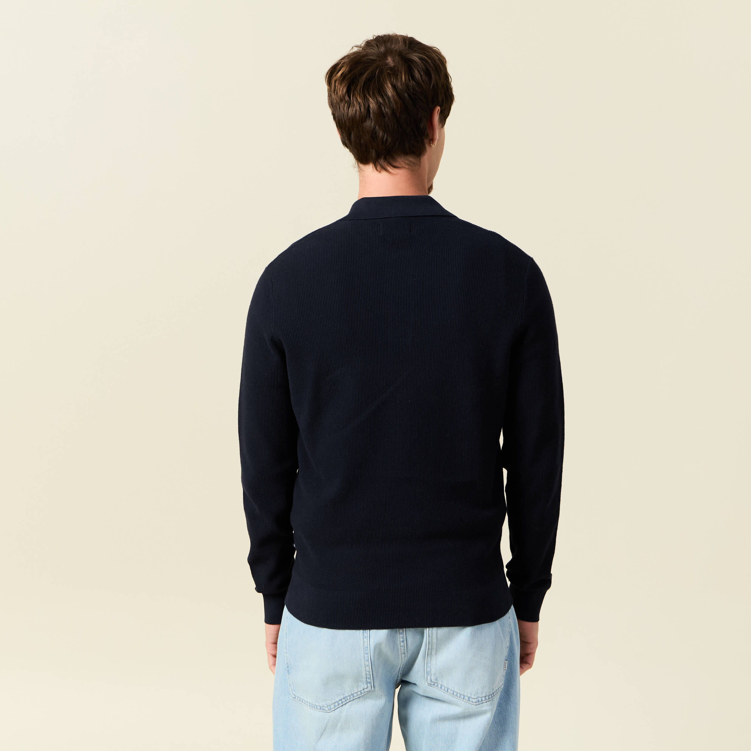 Pull droit col polo manches longues bleu marine homme