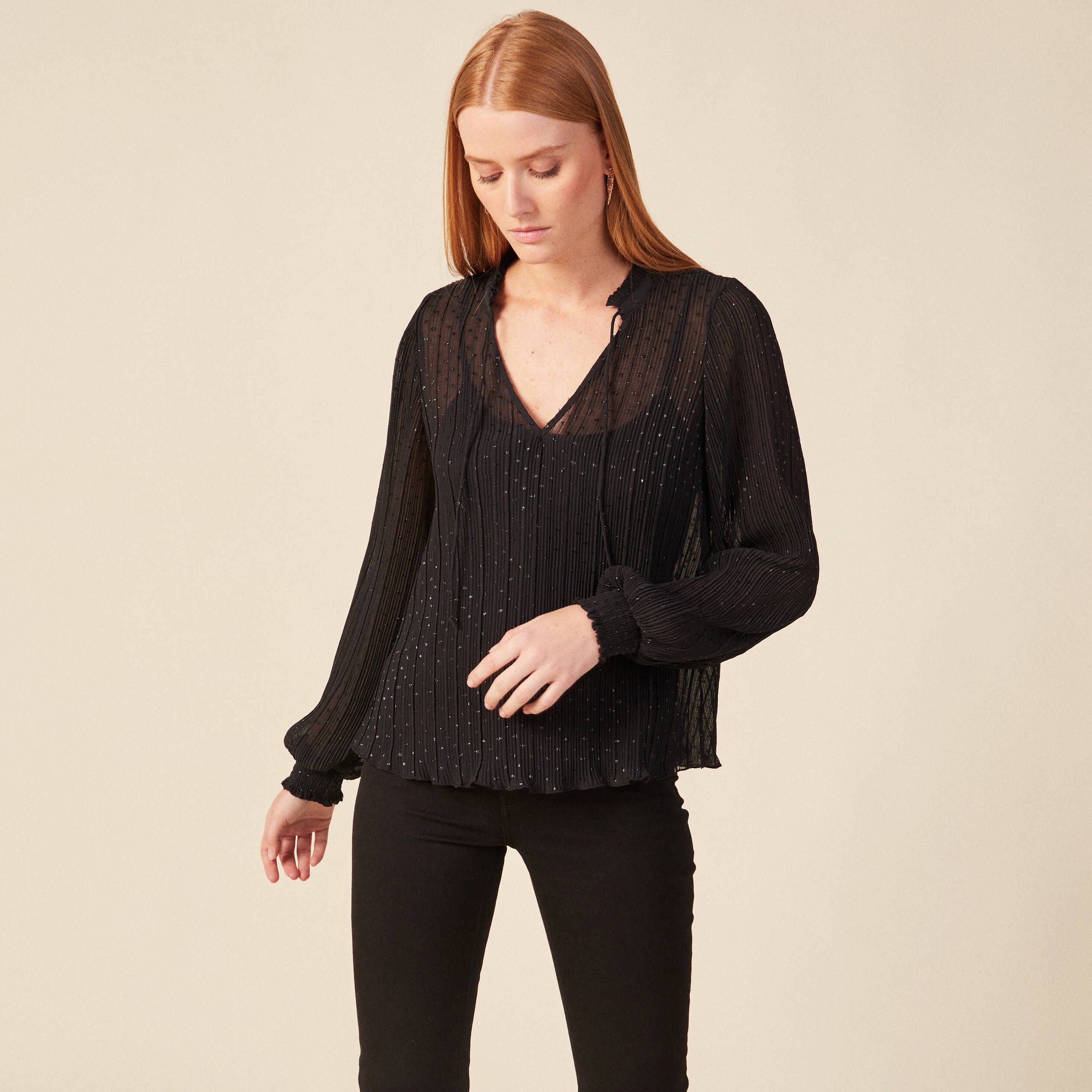blouse manches longues plissee noir femme Blouse manches longues plissée noir femme