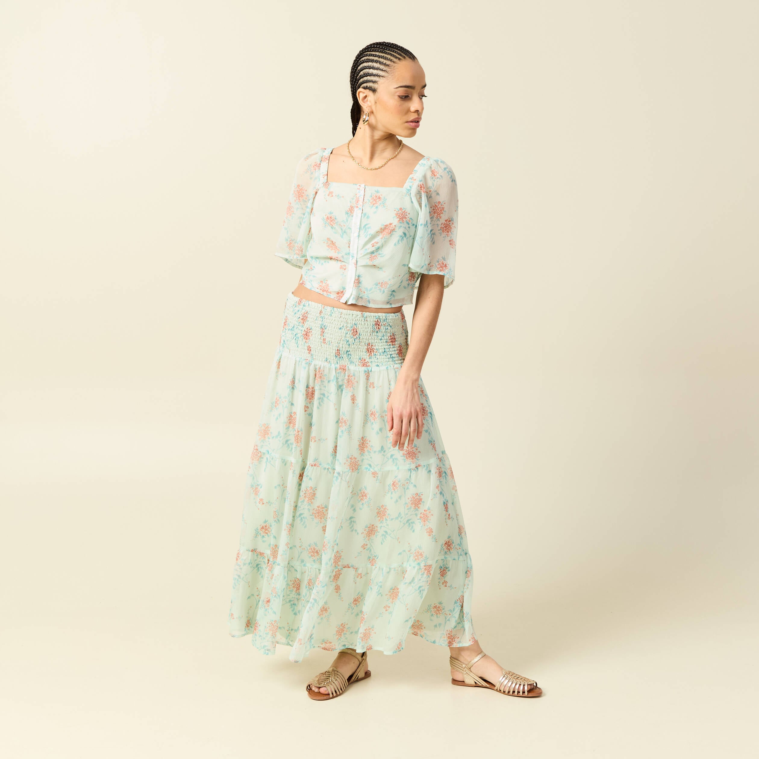 Jupon taille haute doubl&eacute; fluide vert pastel femme