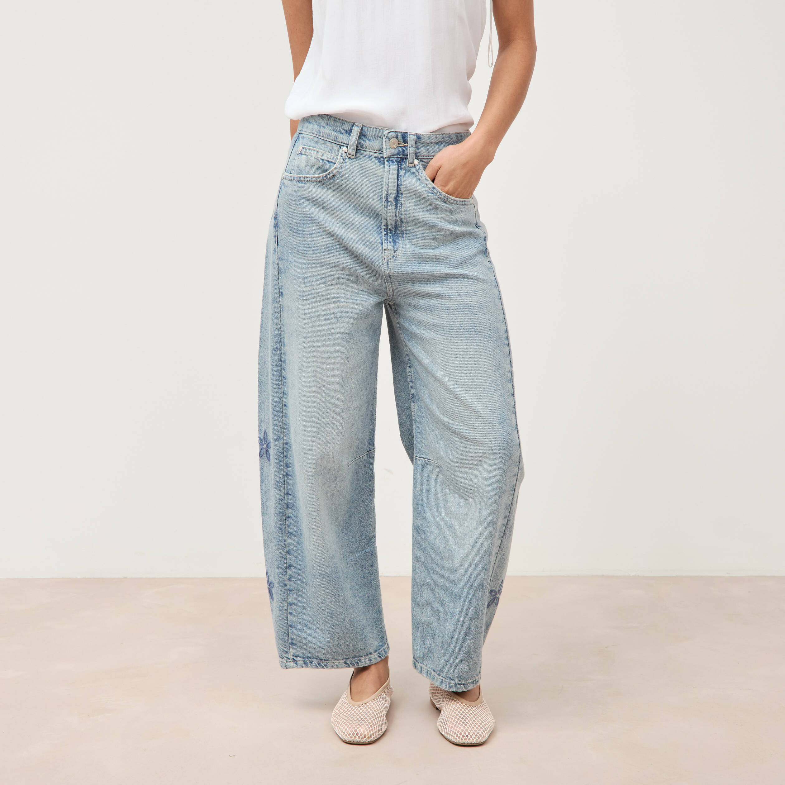 Jeans barrel taille haute 7/8&egrave;me denim bleach femme