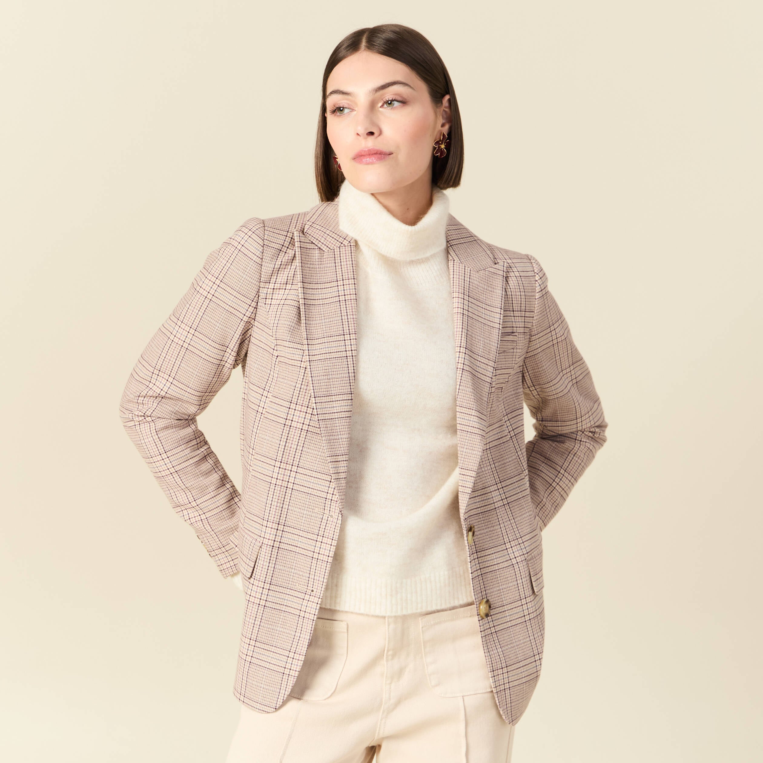 Blazer ajust&eacute; manches longues doubl&eacute; beige femme