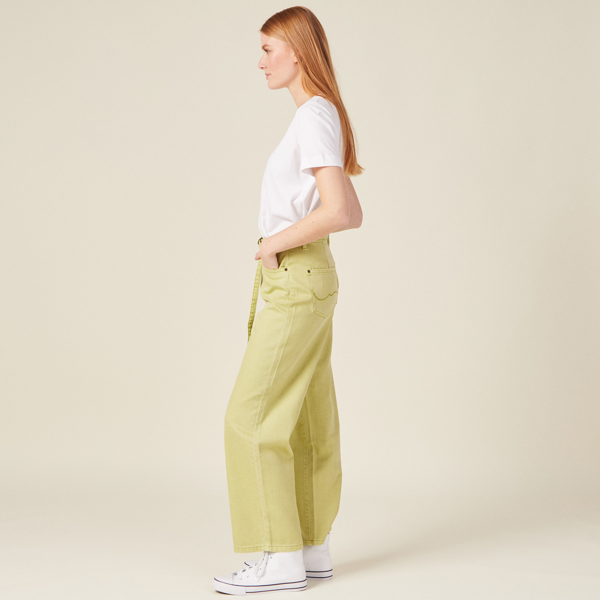 Jeans large taille haute vert anis femme