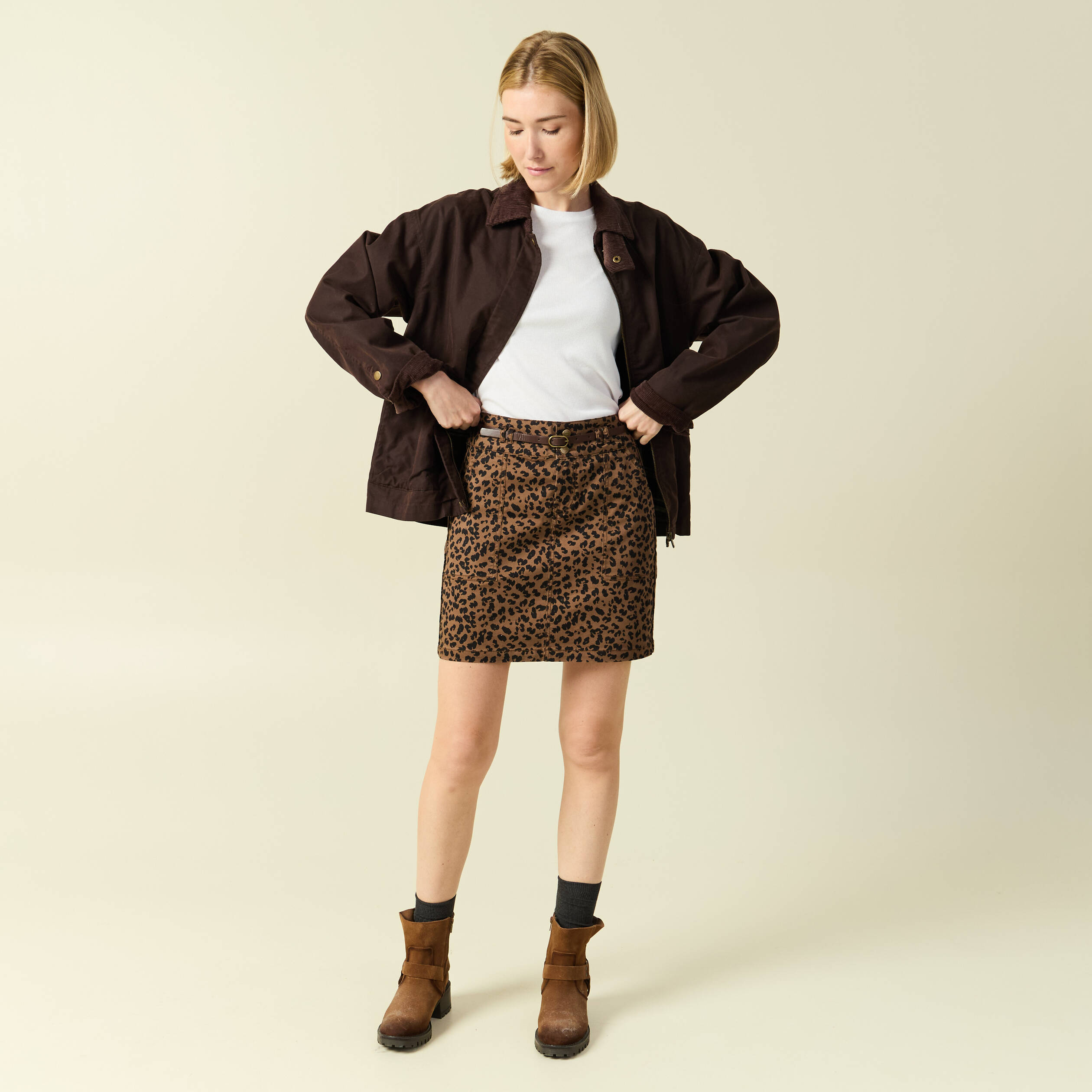 Jupe stretch avec ceinture amovible marron cognac femme