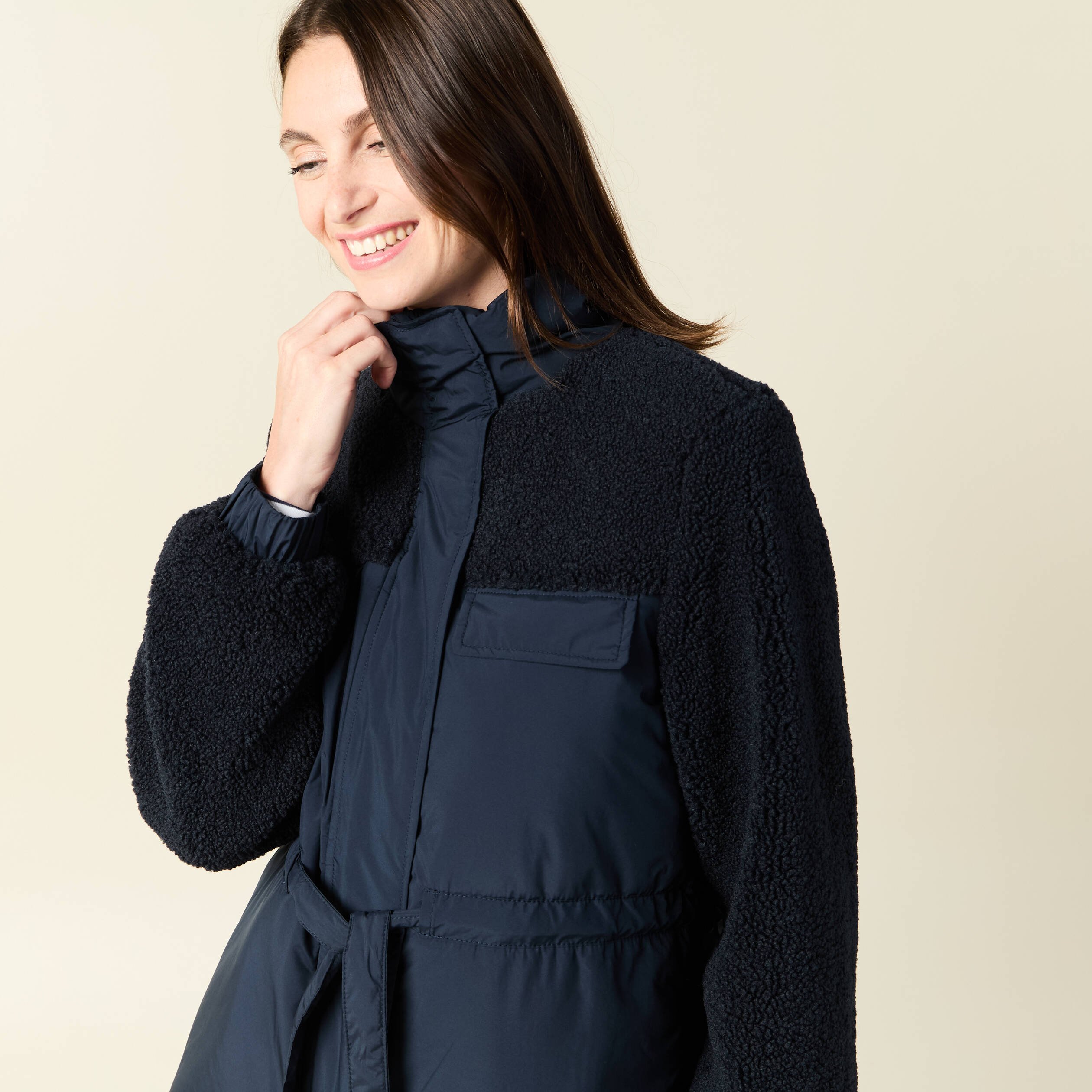 manteau manches sherpa bleu marine femme Manteau manches sherpa bleu marine femme