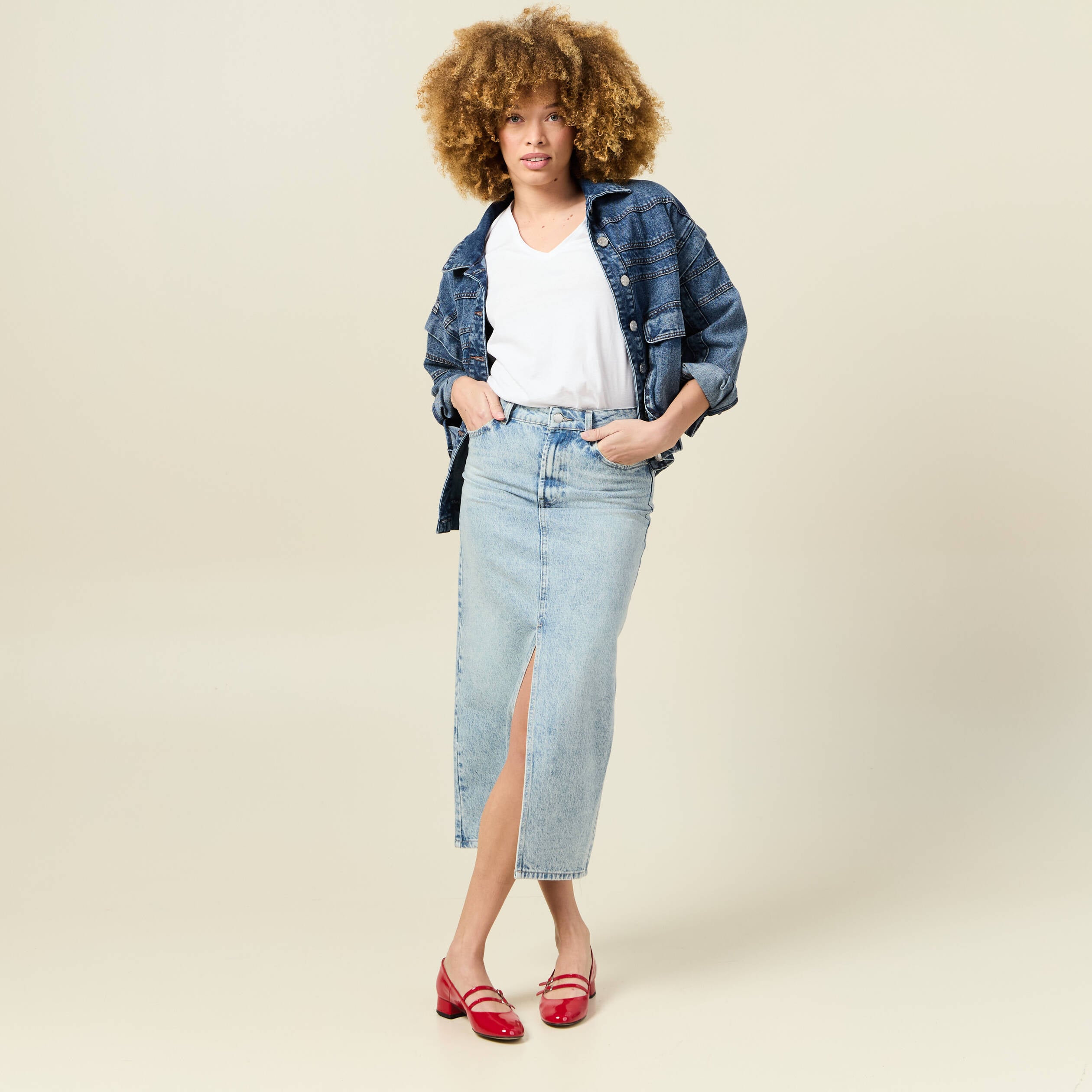 Jupe midi droite en jean denim bleach femme