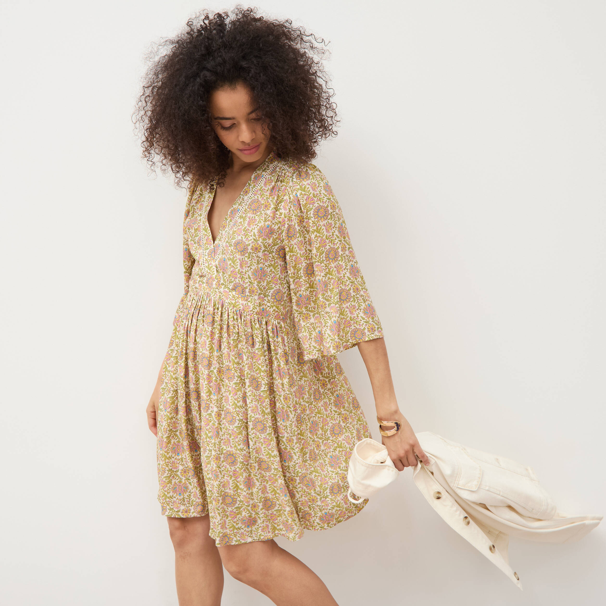 Robe fluide col v manches courtes vert femme