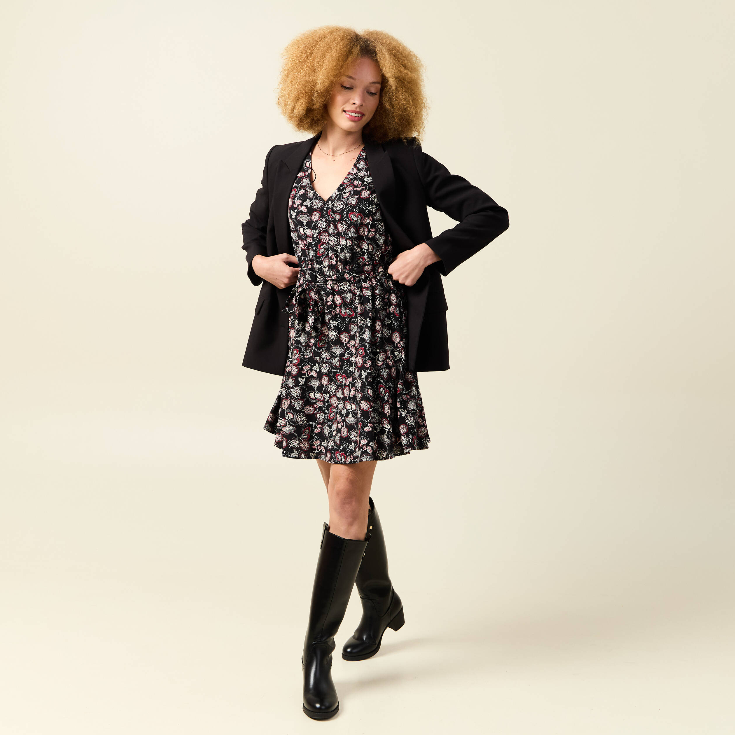 Robe évasée fluide manches 3/4 noir femme