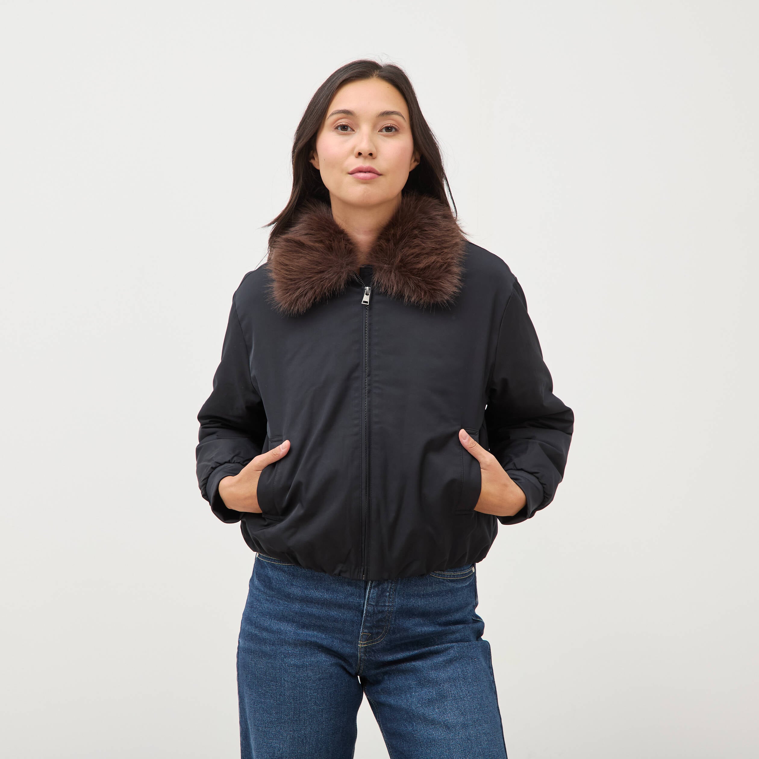 Blouson ample court col classique noir femme
