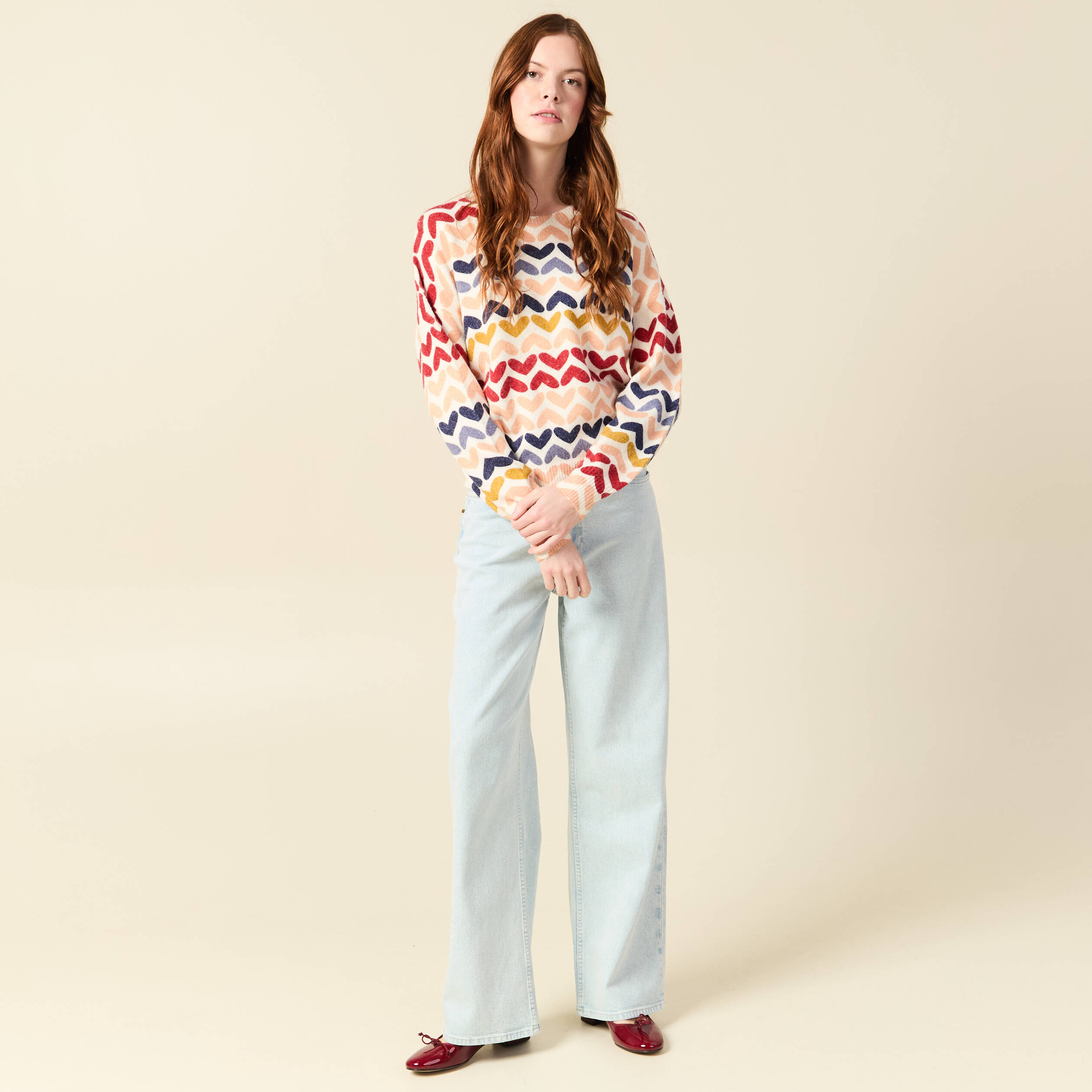 Pull col rond manches longues ecru femme