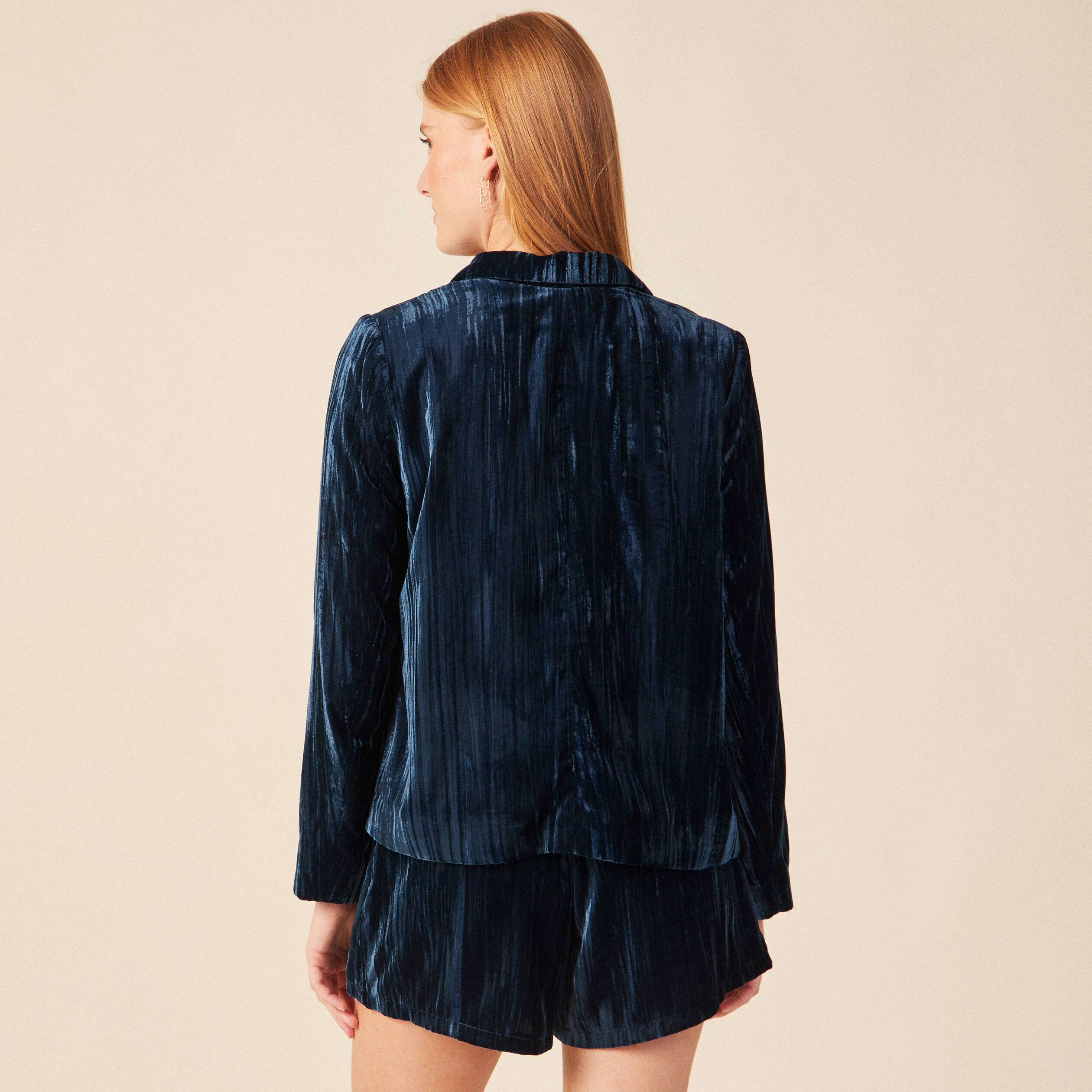 Tailleur droit court manches longues bleu canard femme