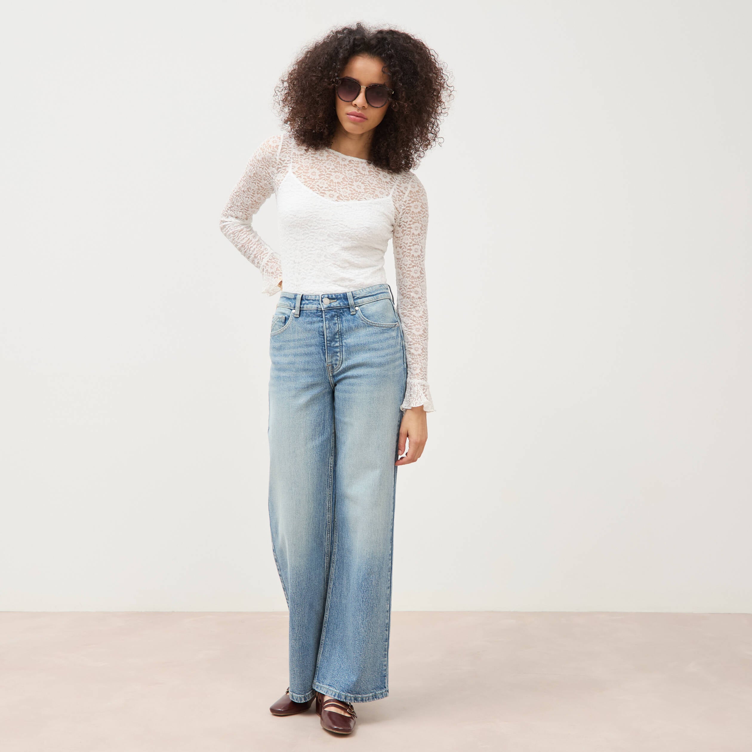 Jeans large taille haute bleu femme