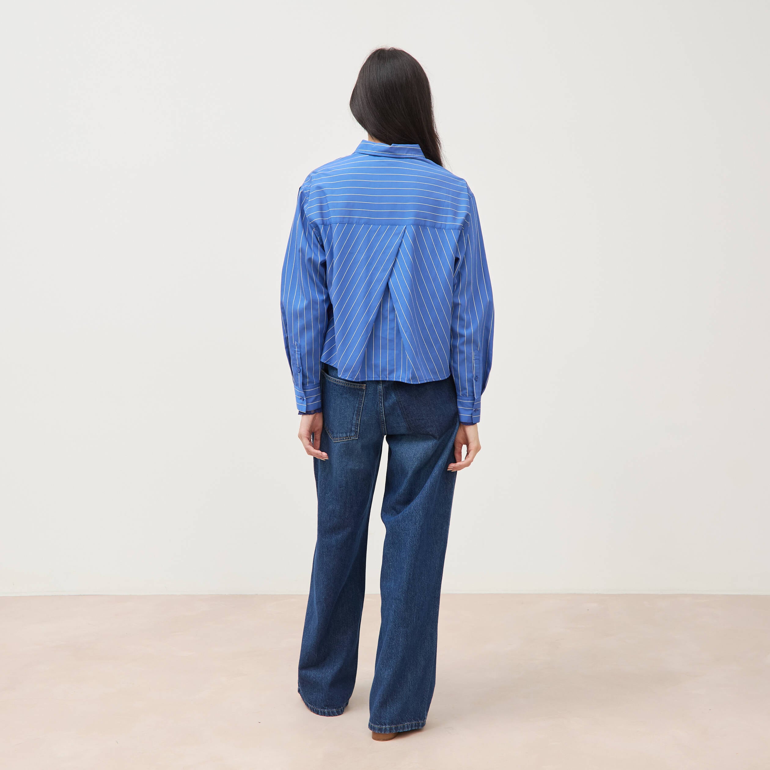Chemise droite manches longues ray&eacute;e bleu femme