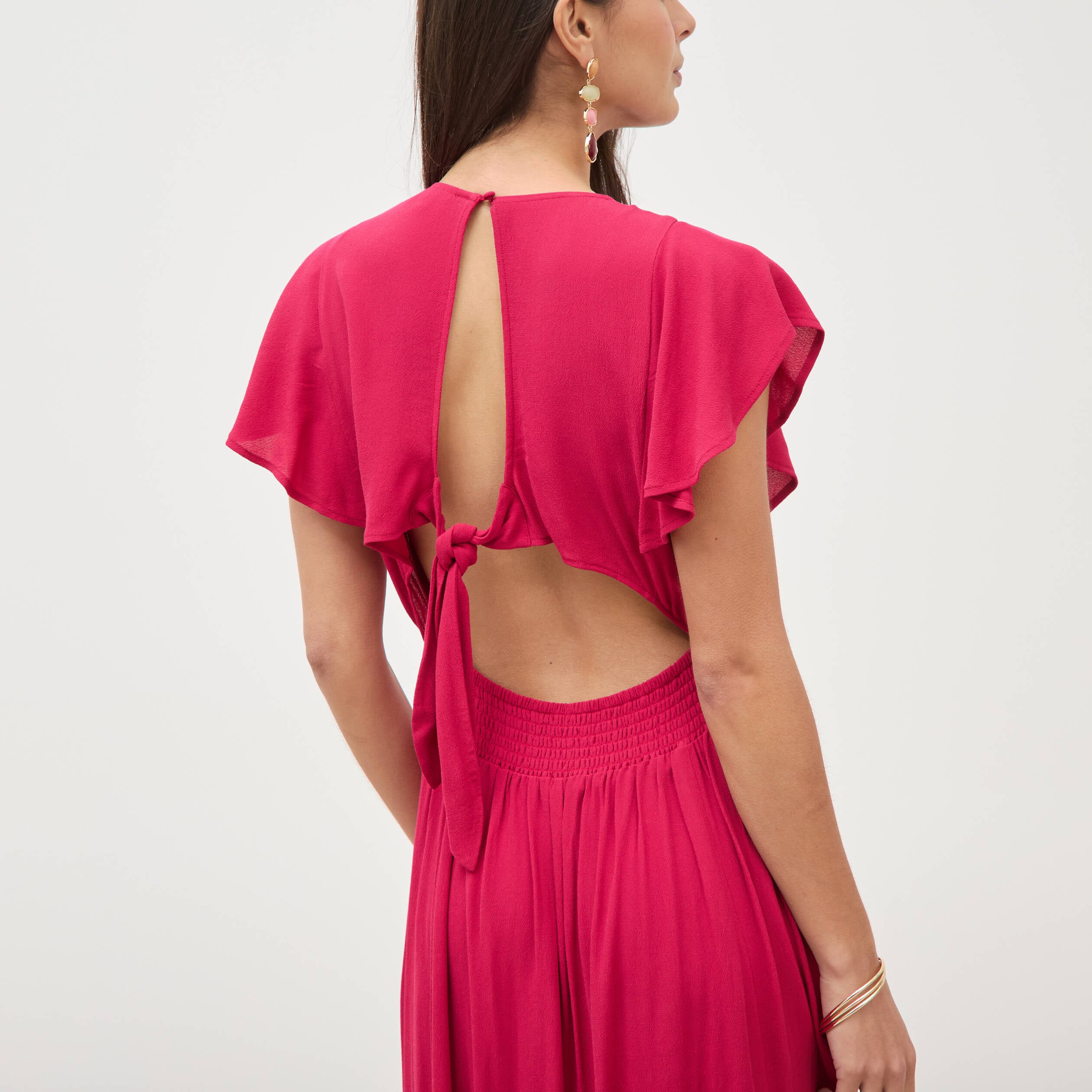 Robe fluide col v manches courtes rouge clair femme