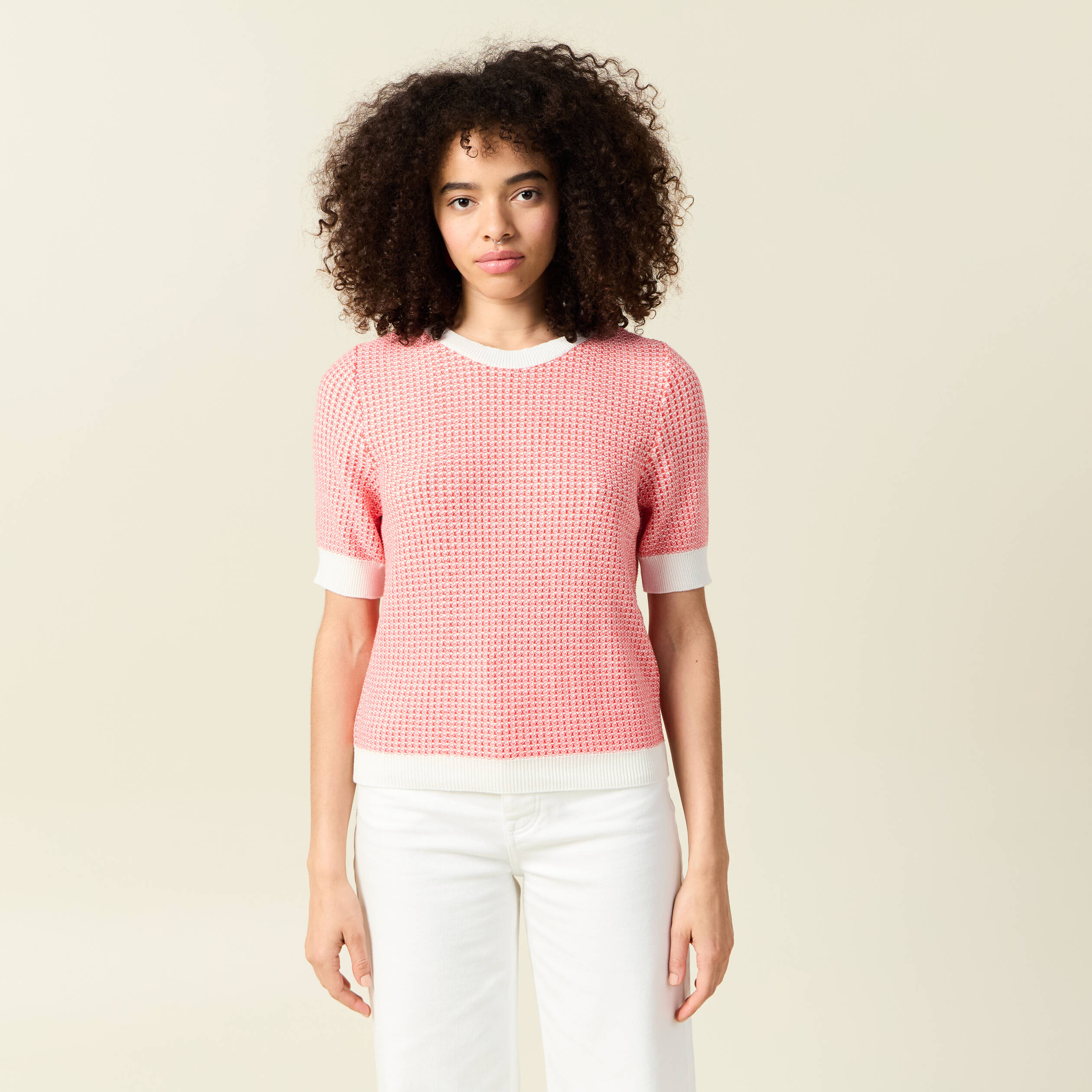 pull droit court manches courtes ecru femme Pull droit court manches courtes ecru femme