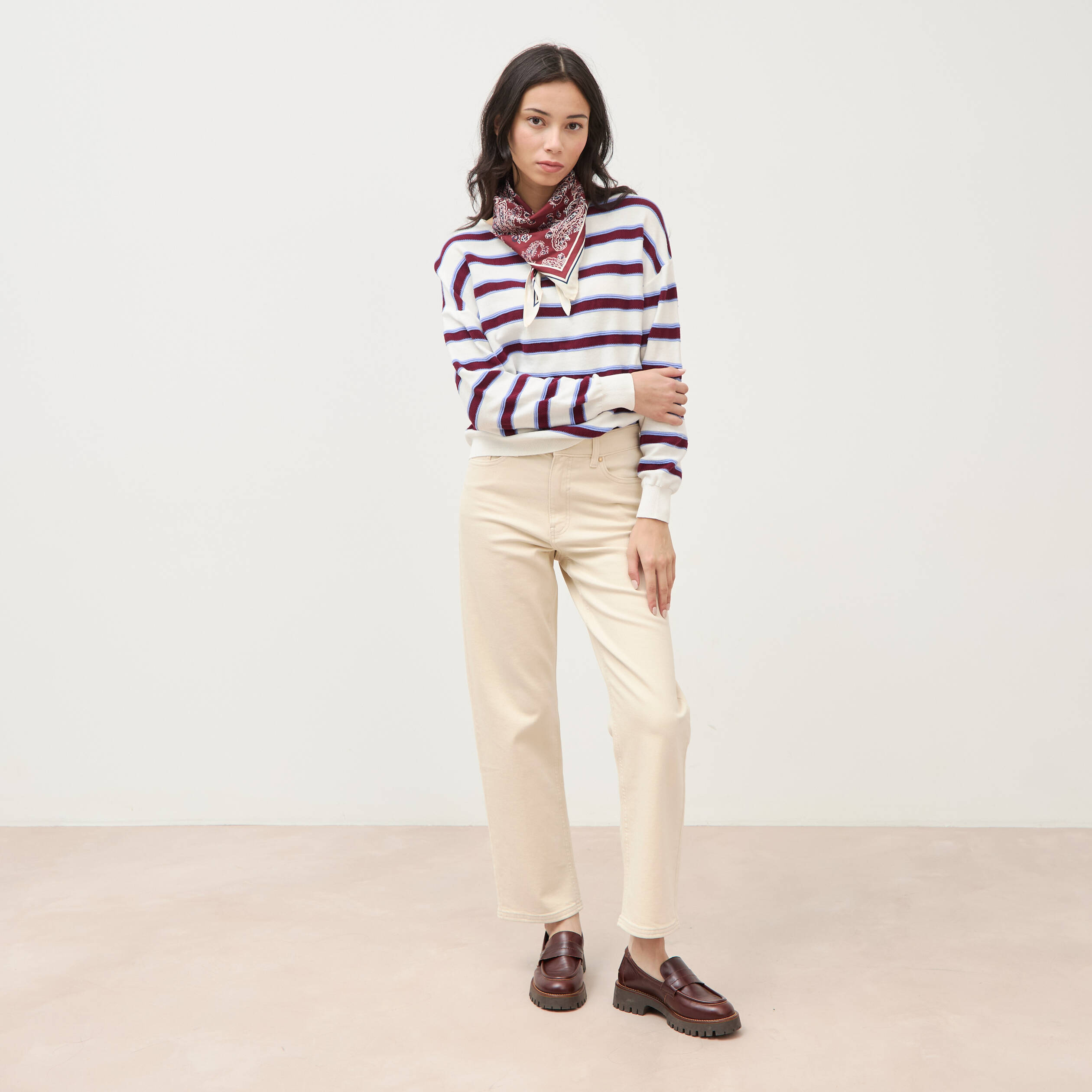 Pull col rond manches longues en coton marron chocolat femme