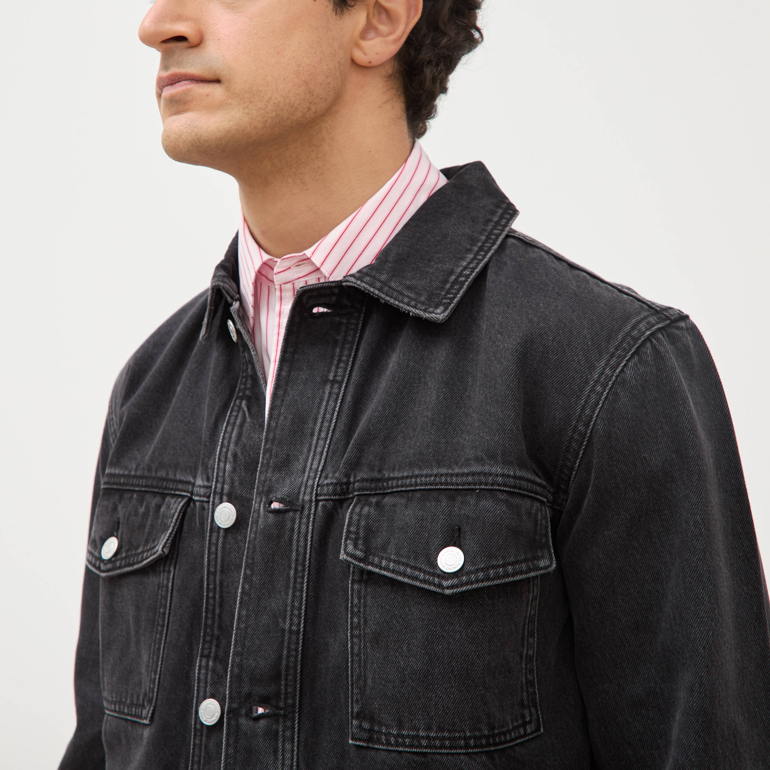Veste droite en coton col classique denim noir homme