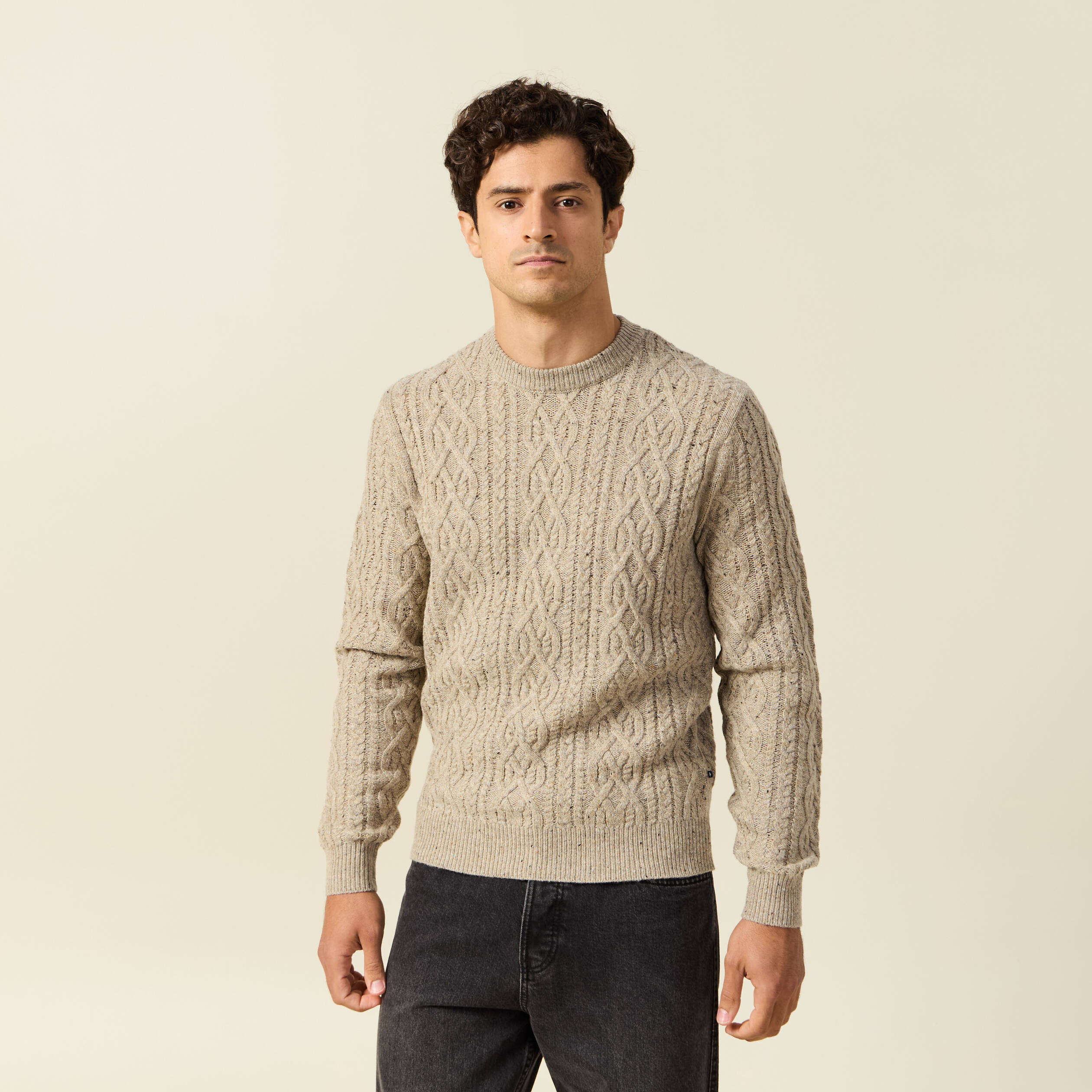 Pull col rond beige homme