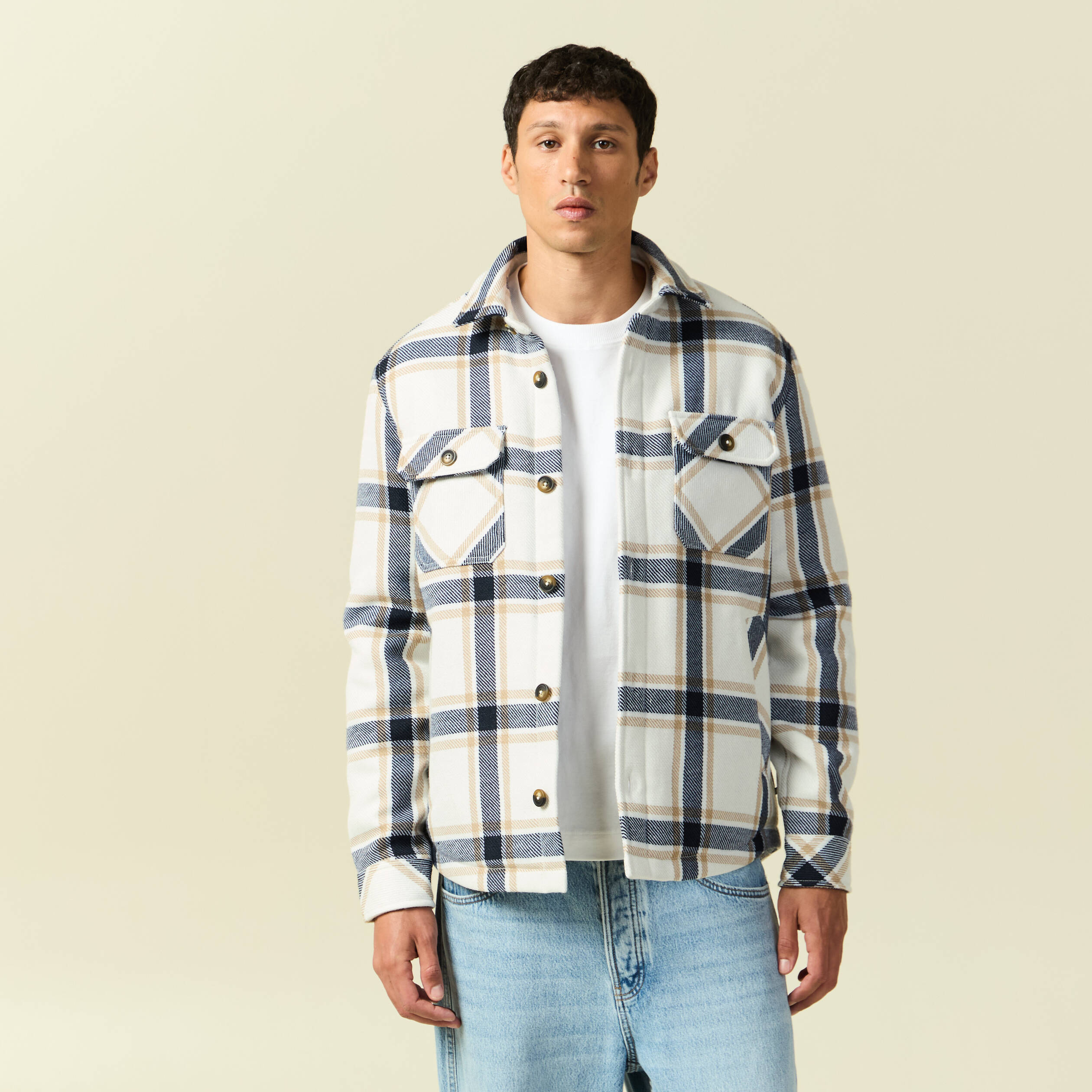 Surchemise oversize courte doubl&eacute;e bleu marine homme