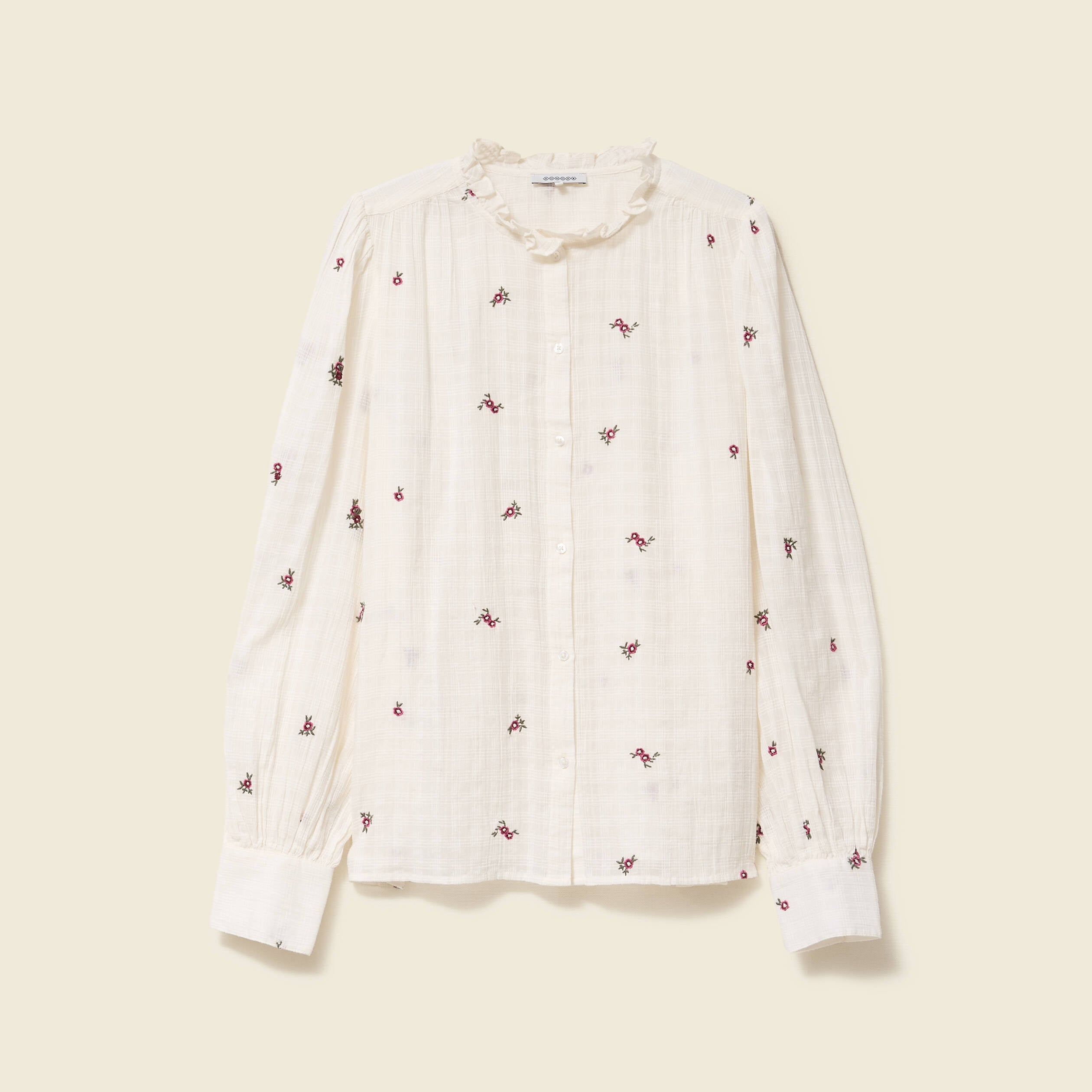 Chemise manches longues en coton brod&eacute;e blanc femme