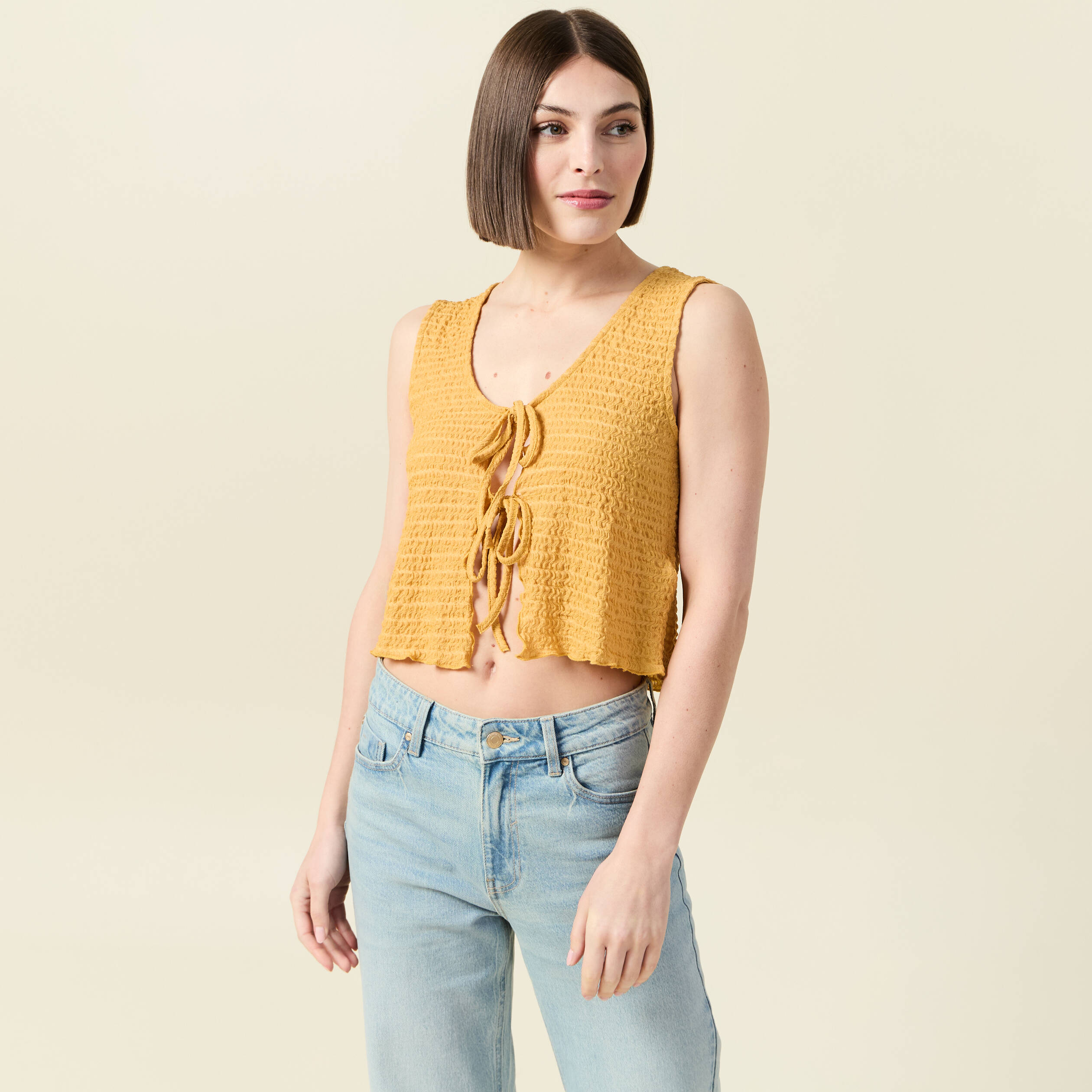 debardeur droit cropped col rond jaune moutarde femme Débardeur droit cropped col rond jaune moutarde femme