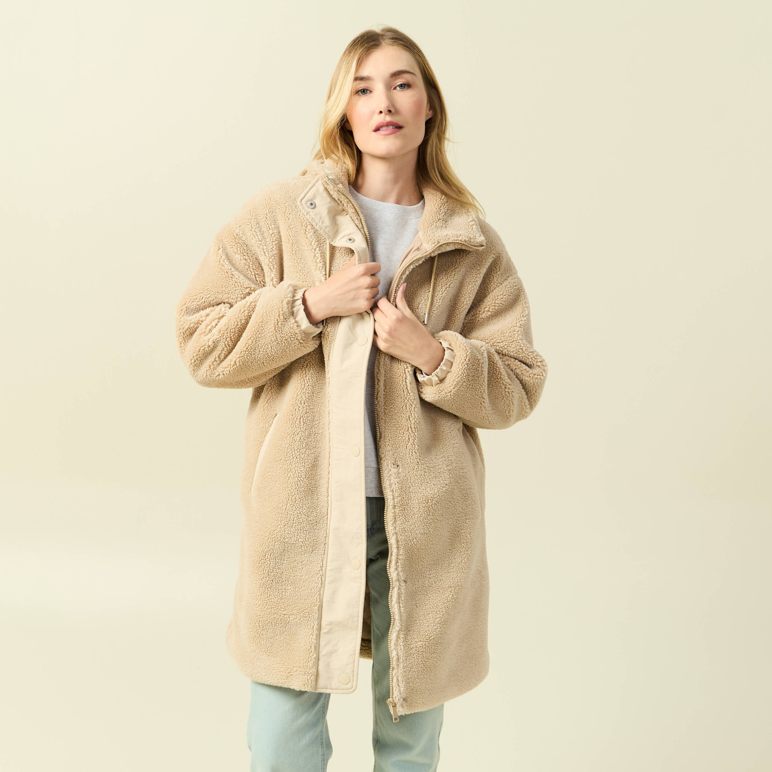 Blouson oversize long effet polaire creme femme Bonobo