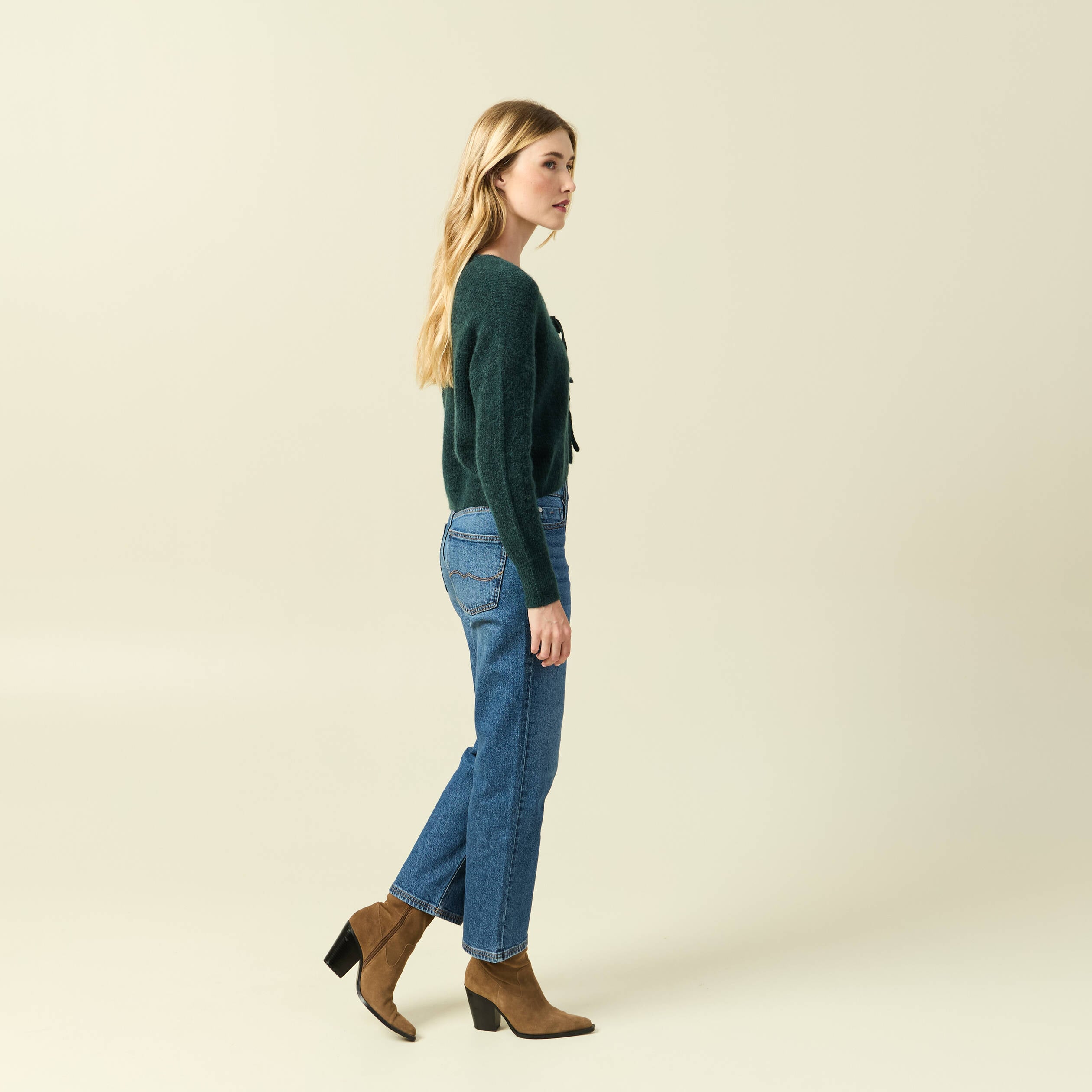 Gilet col V manches longues n&oelig;uds vert fonc&eacute; femme
