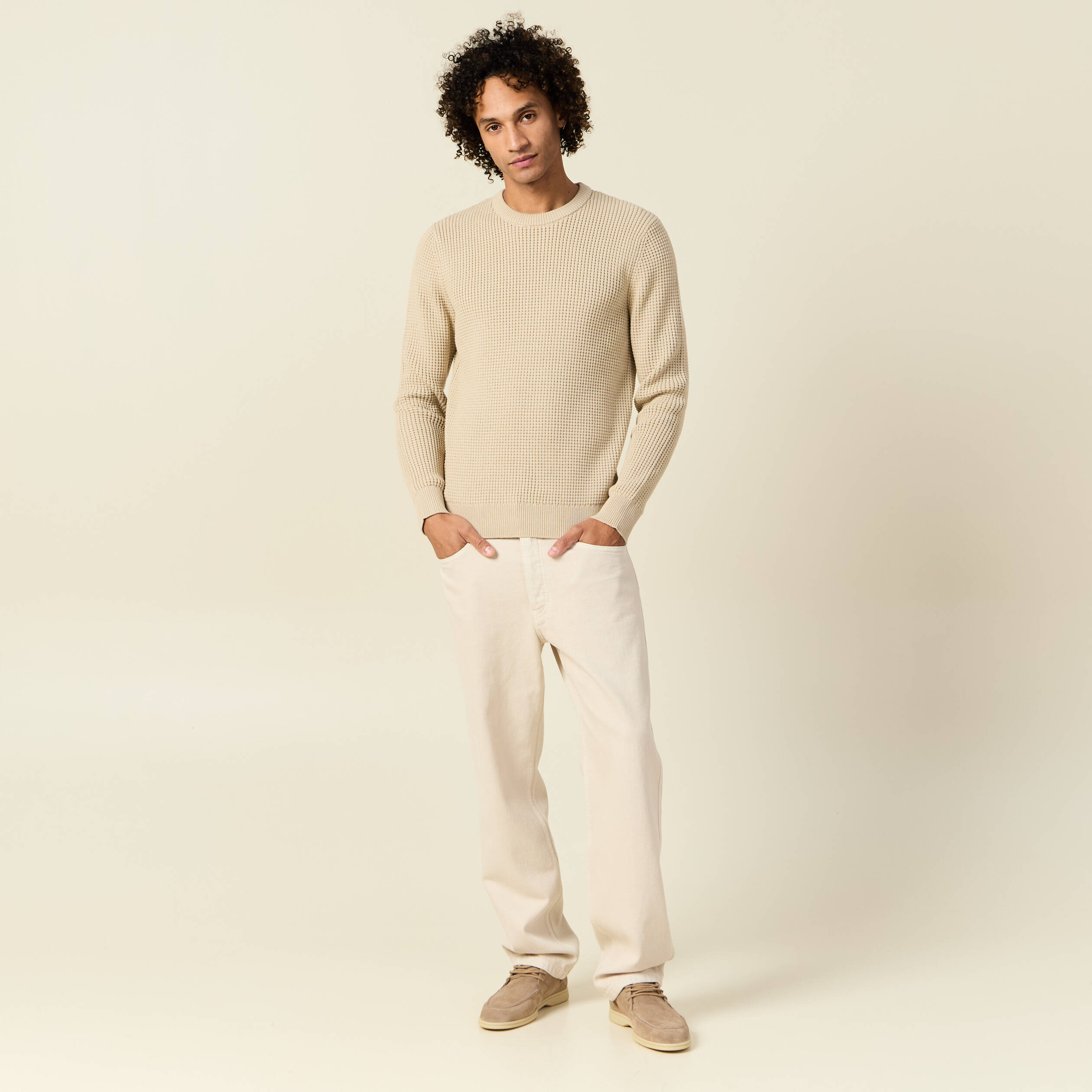 Pull manches longues col rond sable homme
