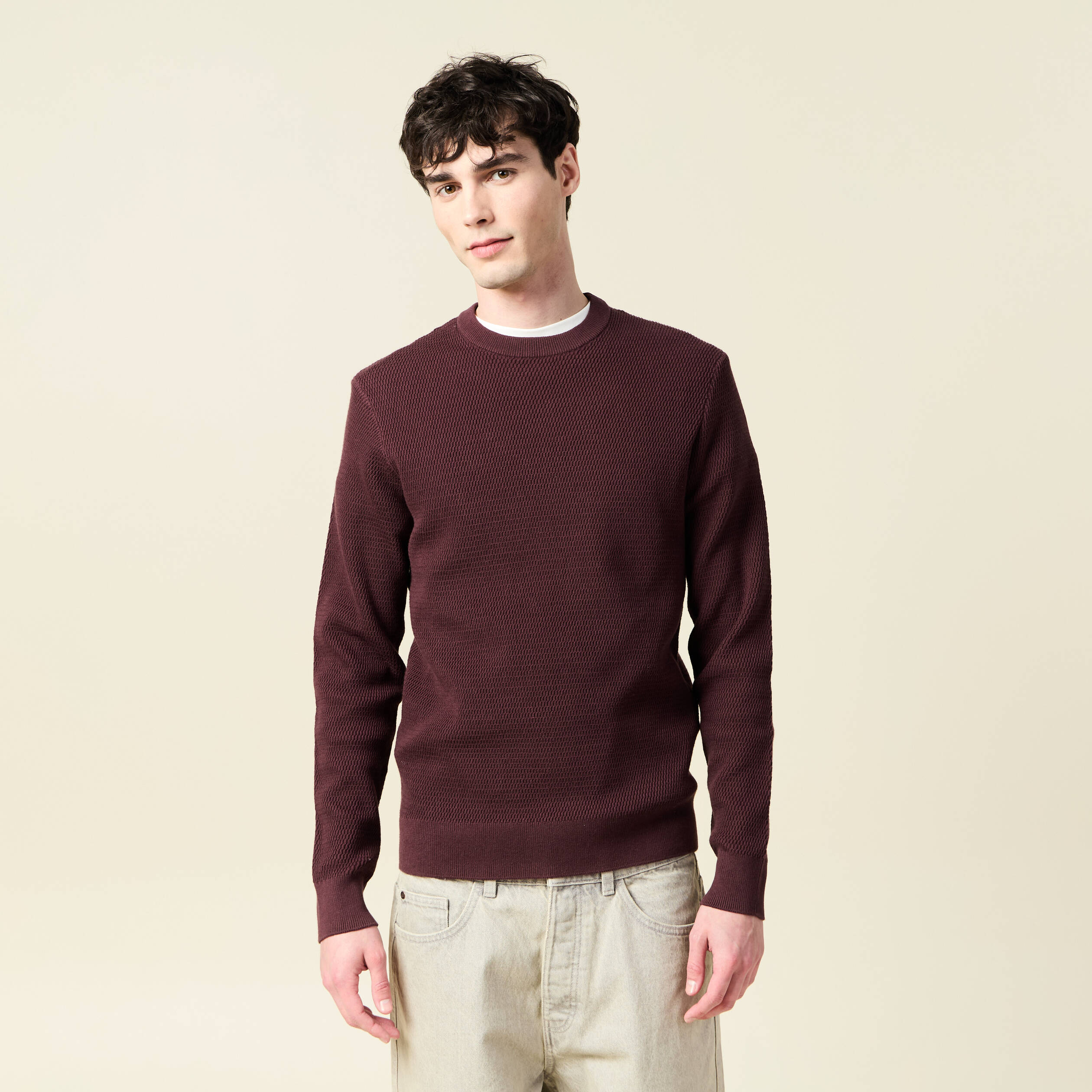 Pull droit manches longues bordeaux homme