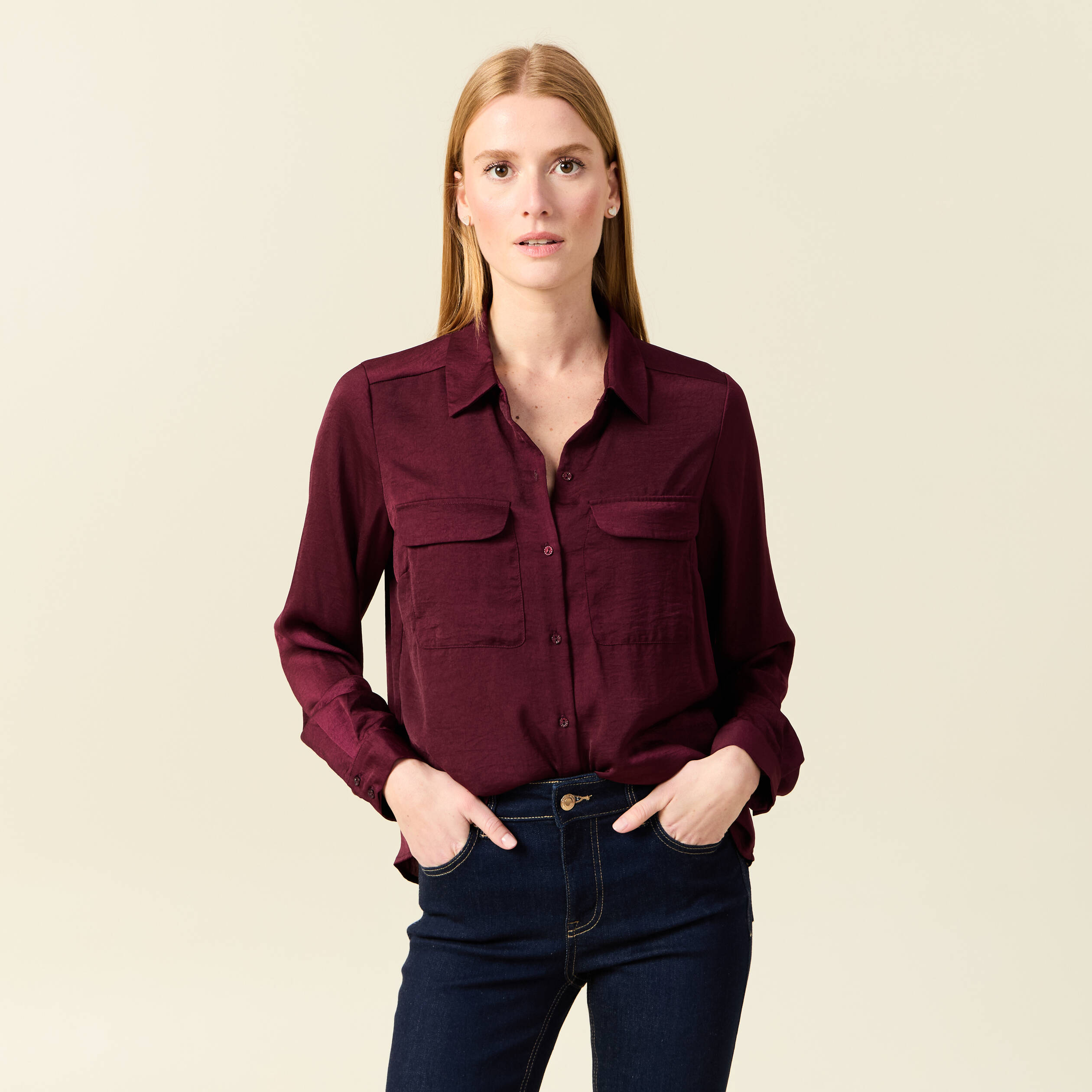 Chemise manches longues satin bordeaux femme Bonobo - Main Image