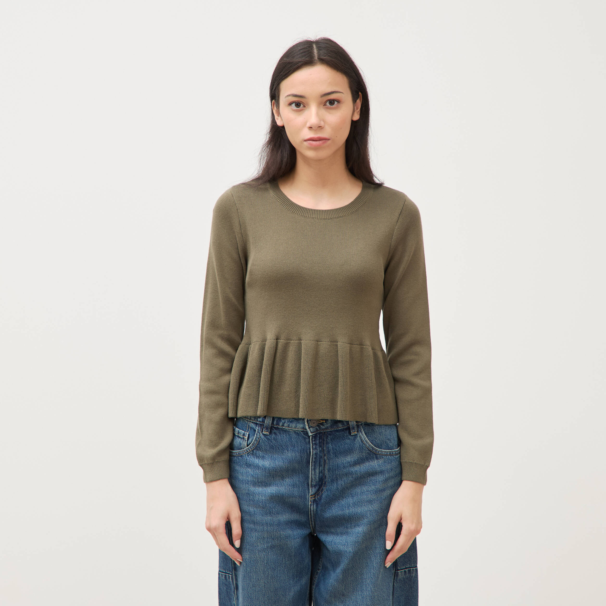 Pull col rond manches longues vert kaki femme