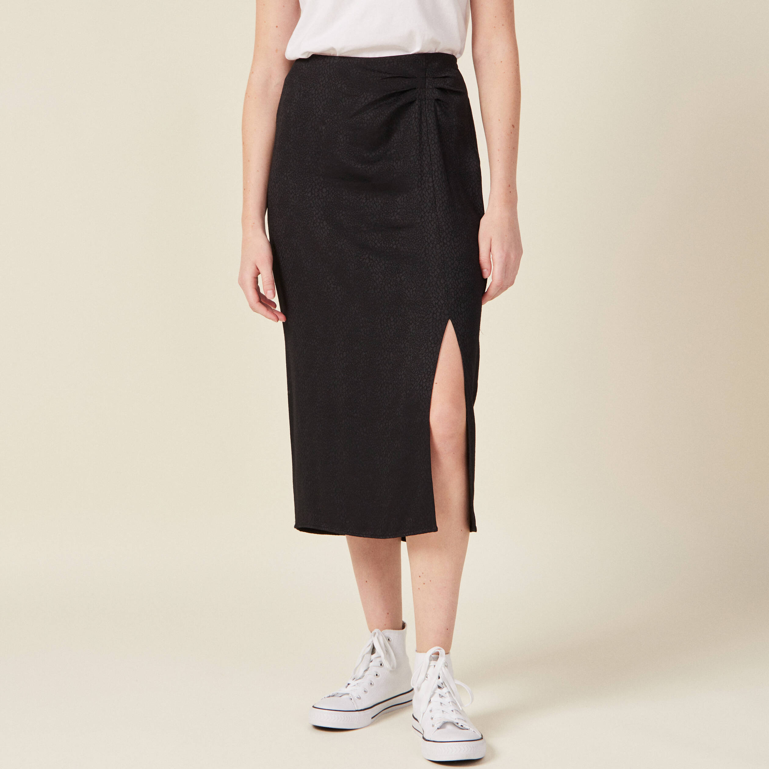 jupe midi droite fendue satin noir femme Jupe midi droite fendue satin noir femme