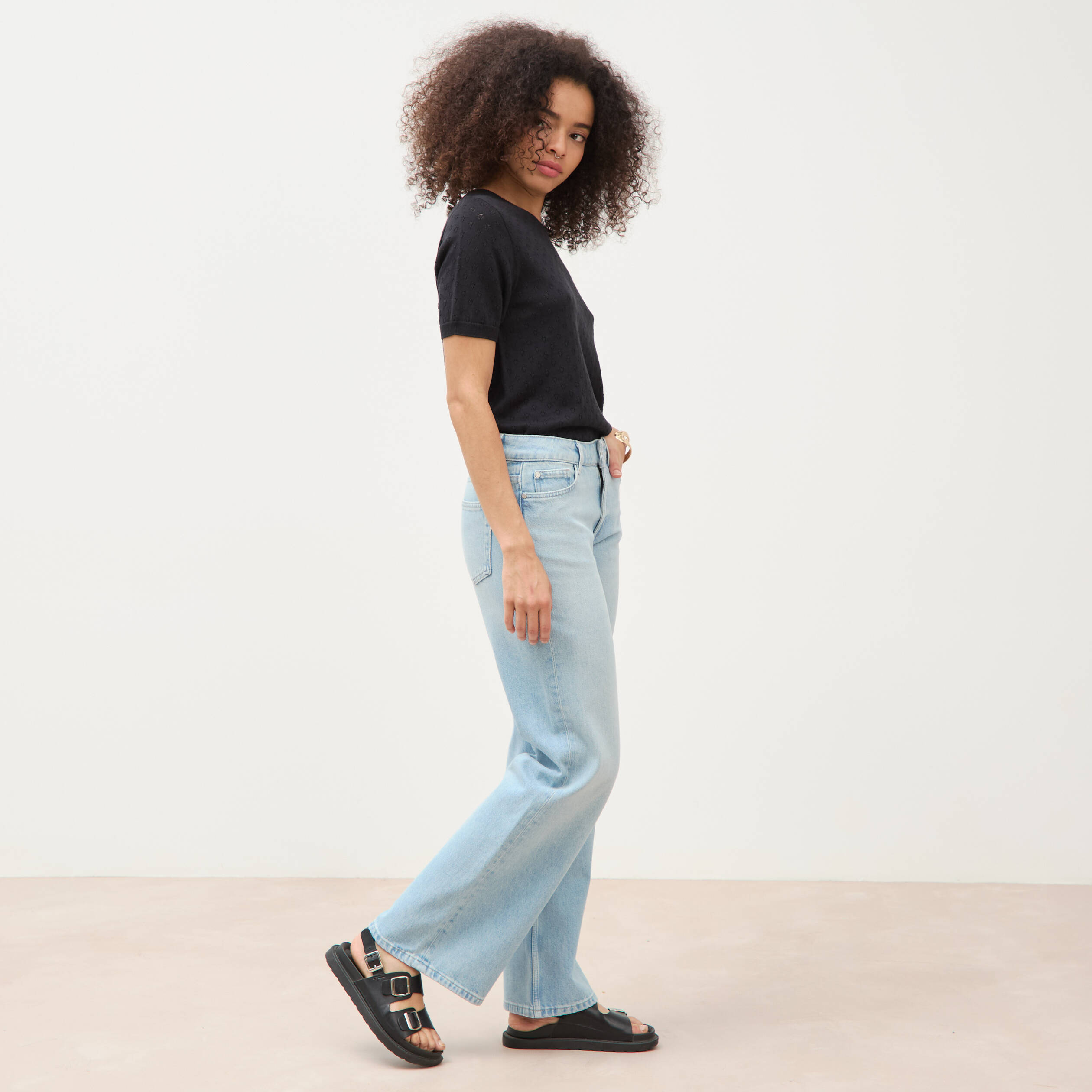 Jeans wide leg taille bascul&eacute;e bleu femme