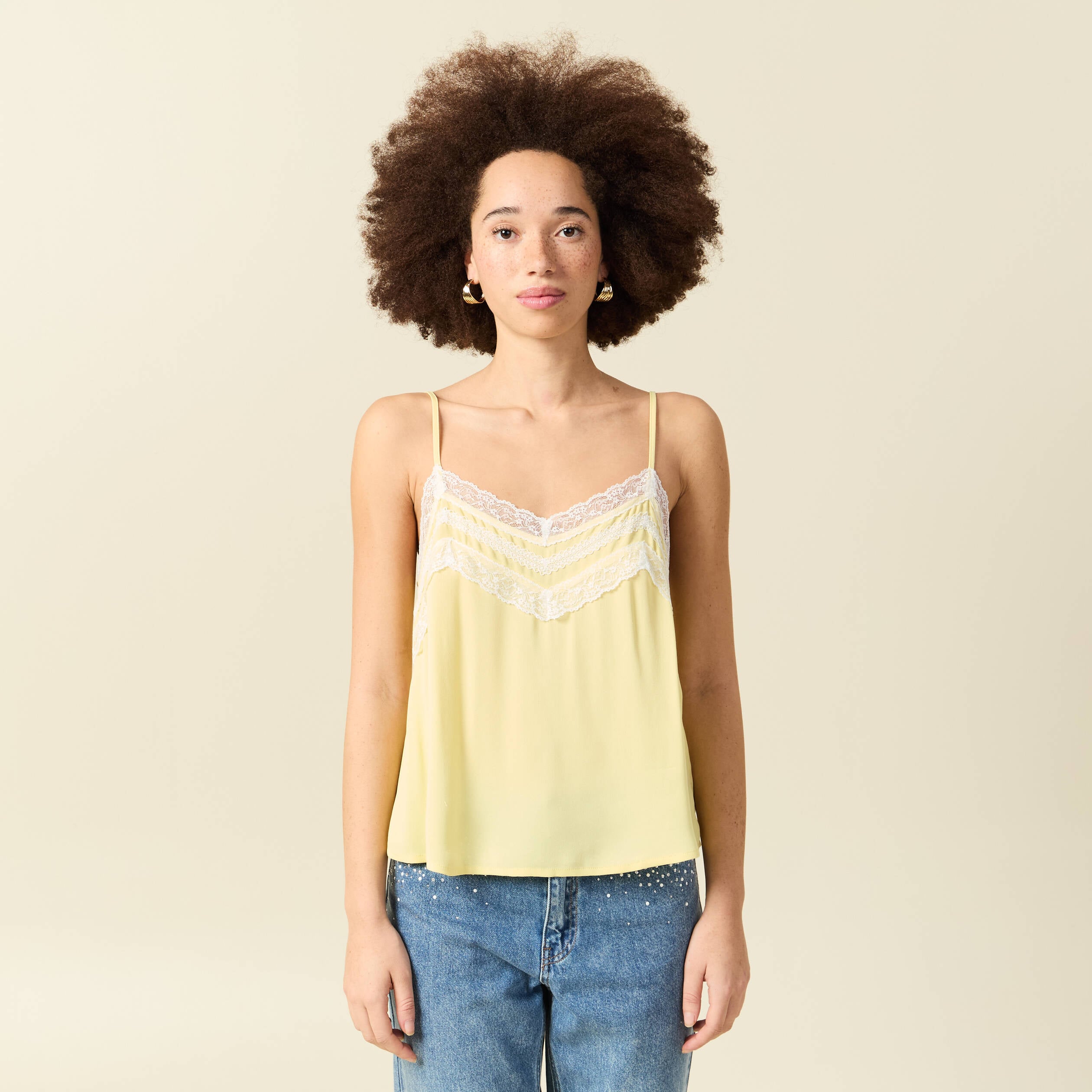 D&eacute;bardeur bretelles col v fluide jaune pastel femme