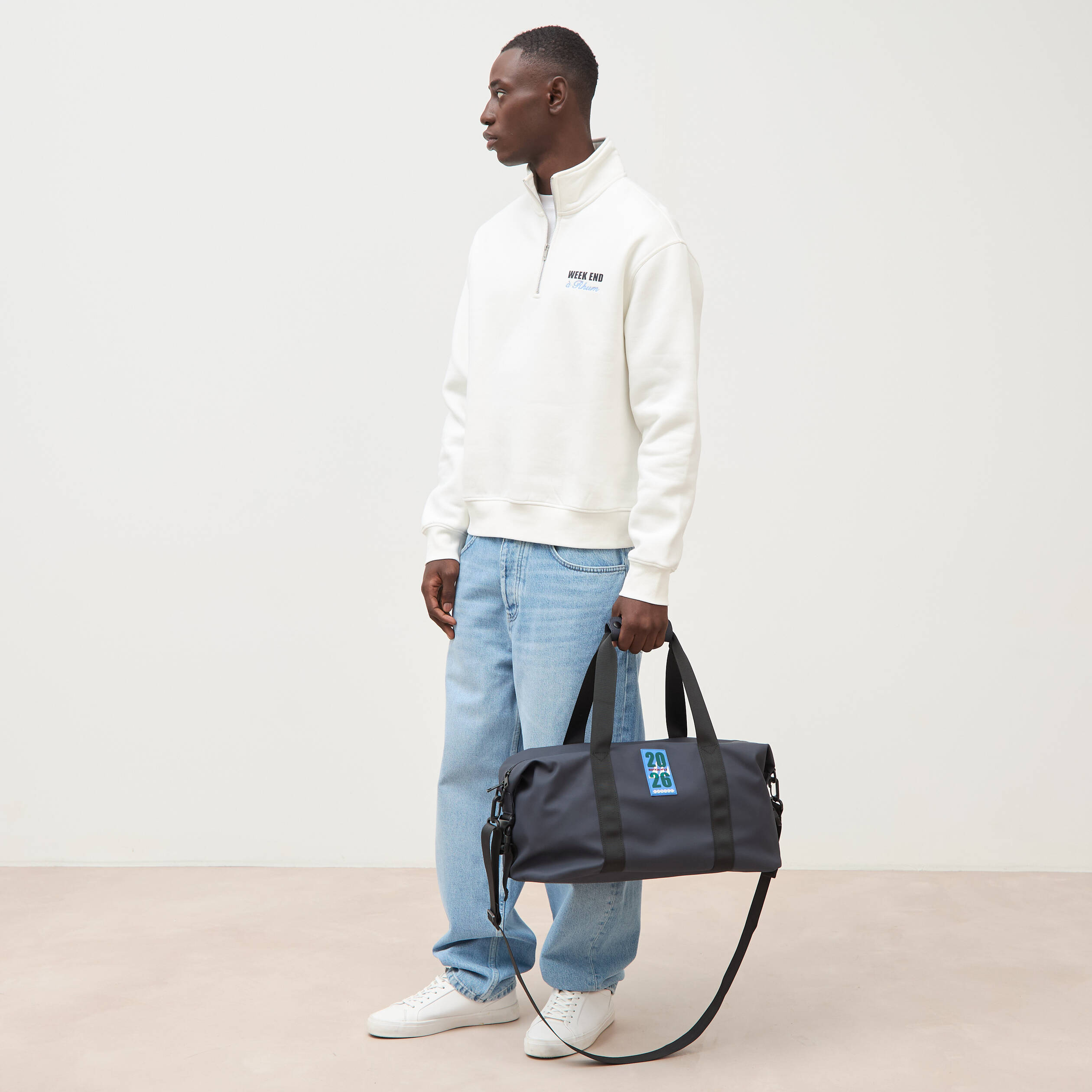 Sweat ample col montant manches longues ecru homme