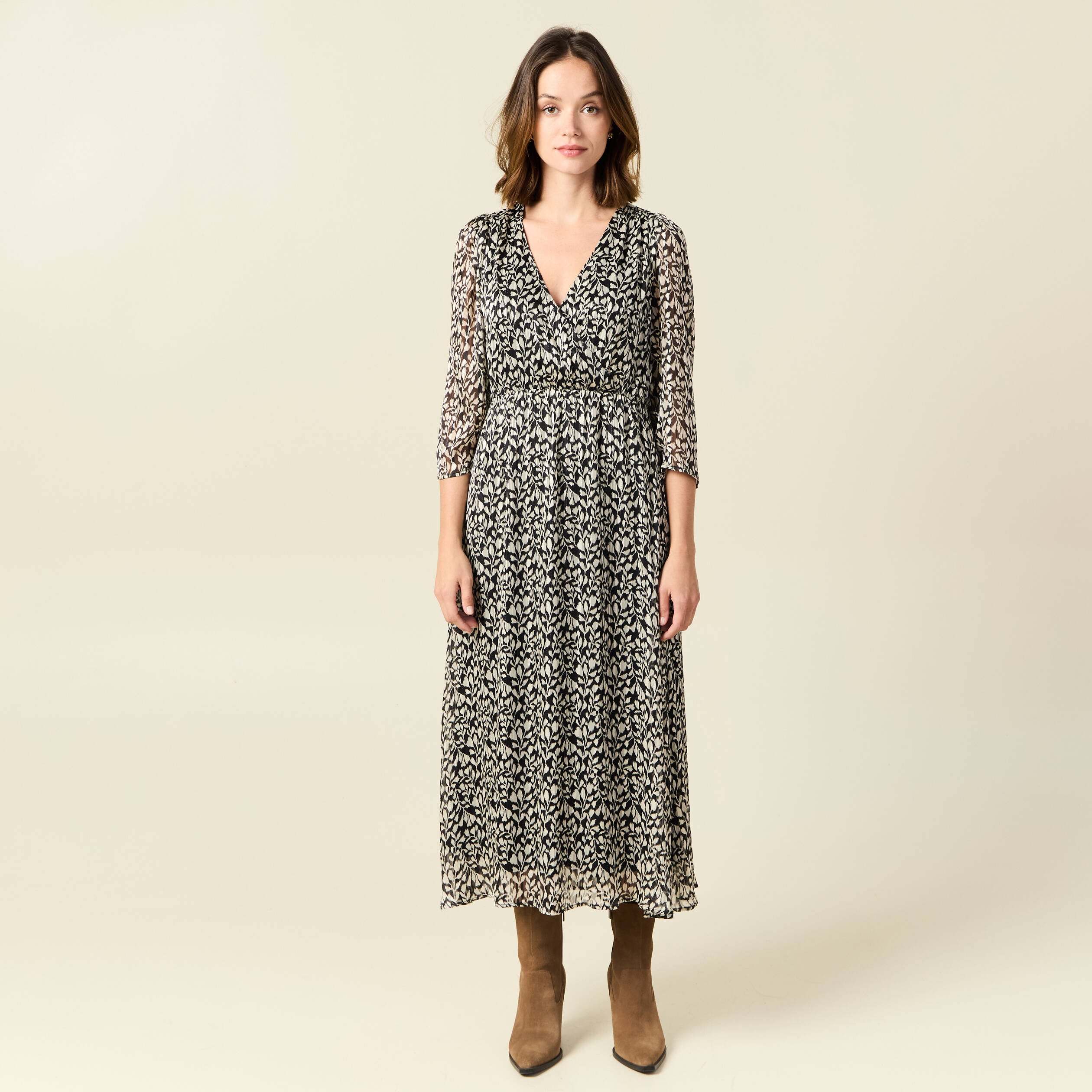 robe longue evasee manches 34 noir femme Robe longue évasée manches 3/4 noir femme