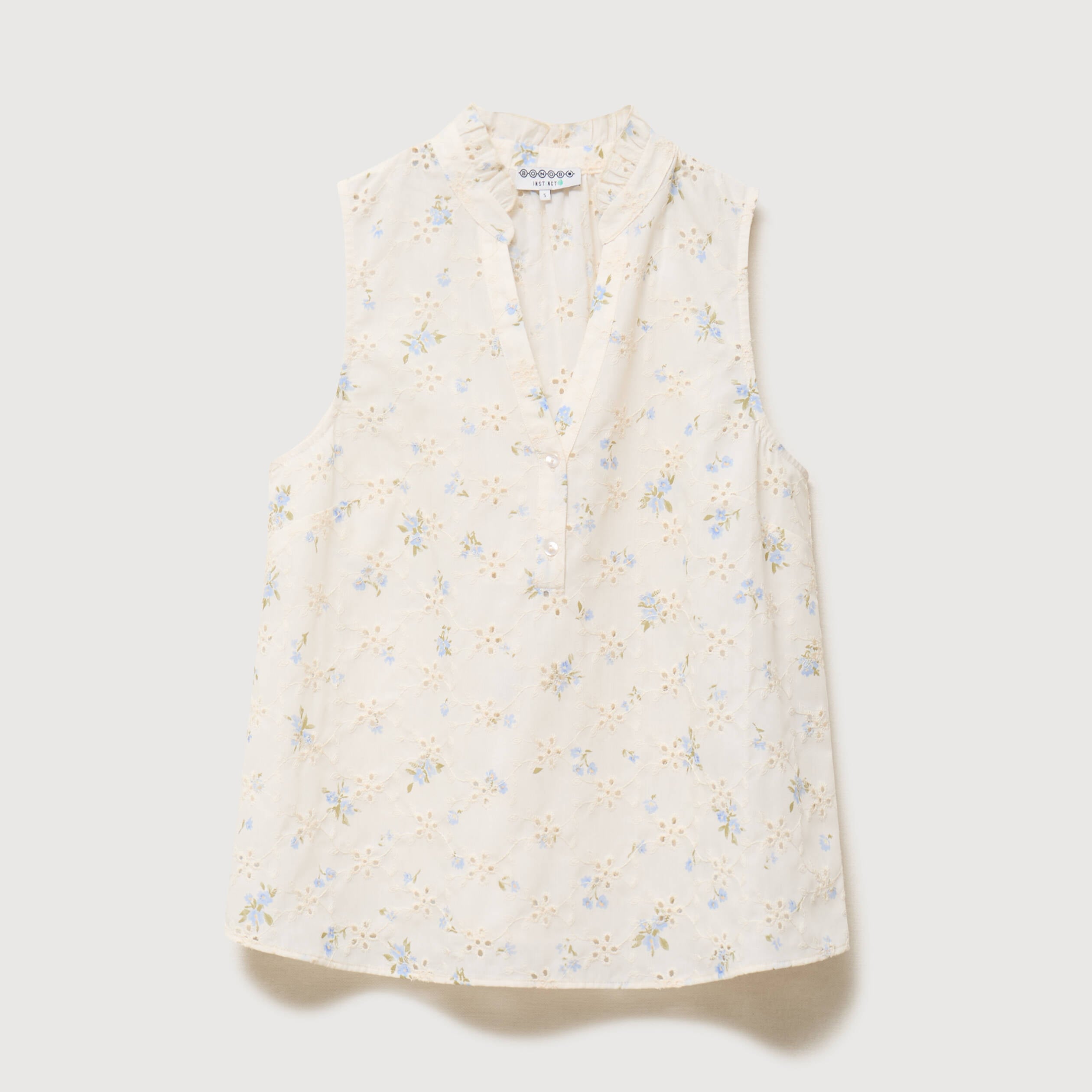 Blouse droite sans manches col montant bleu femme