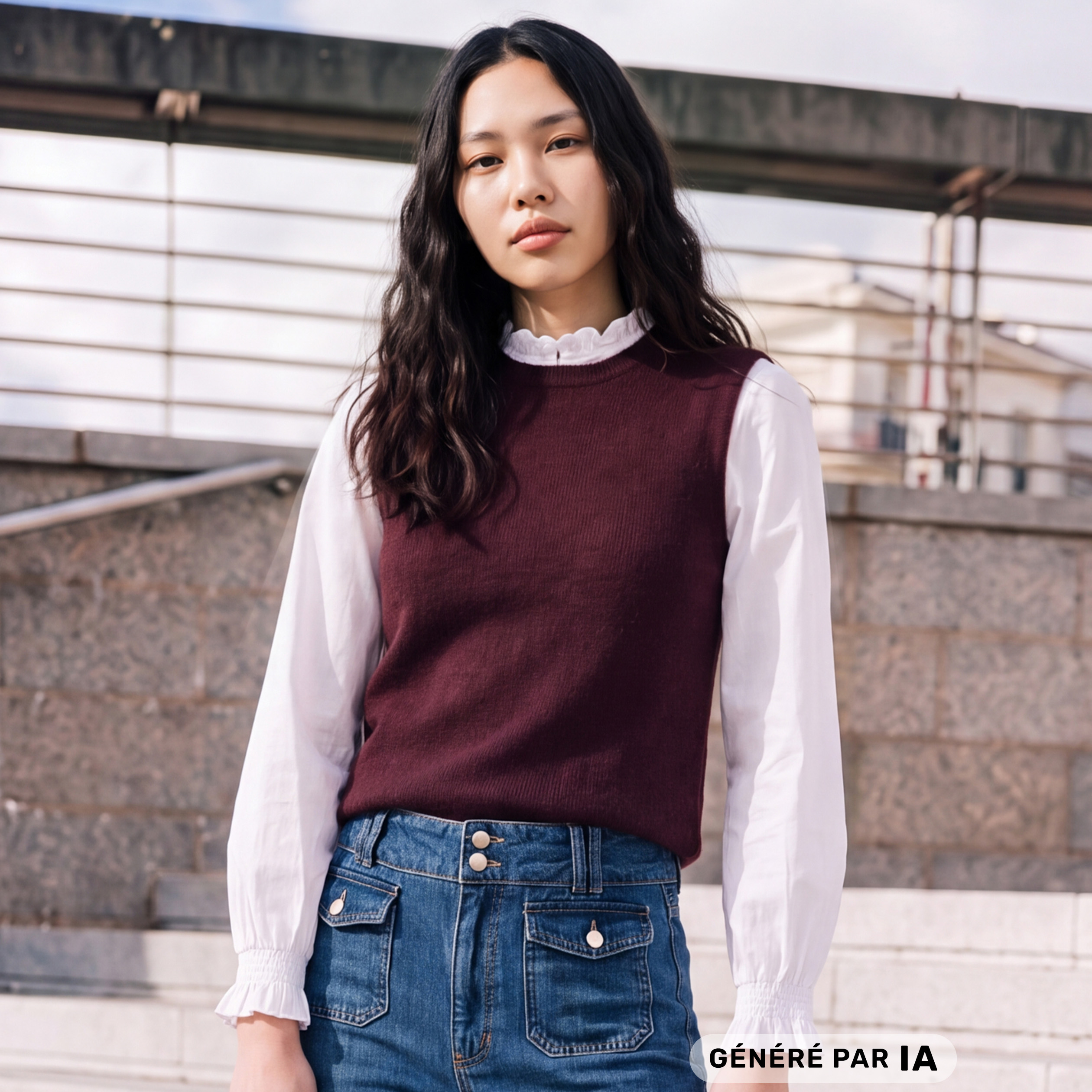 Pull 2 en 1 col rond manches longues marron femme