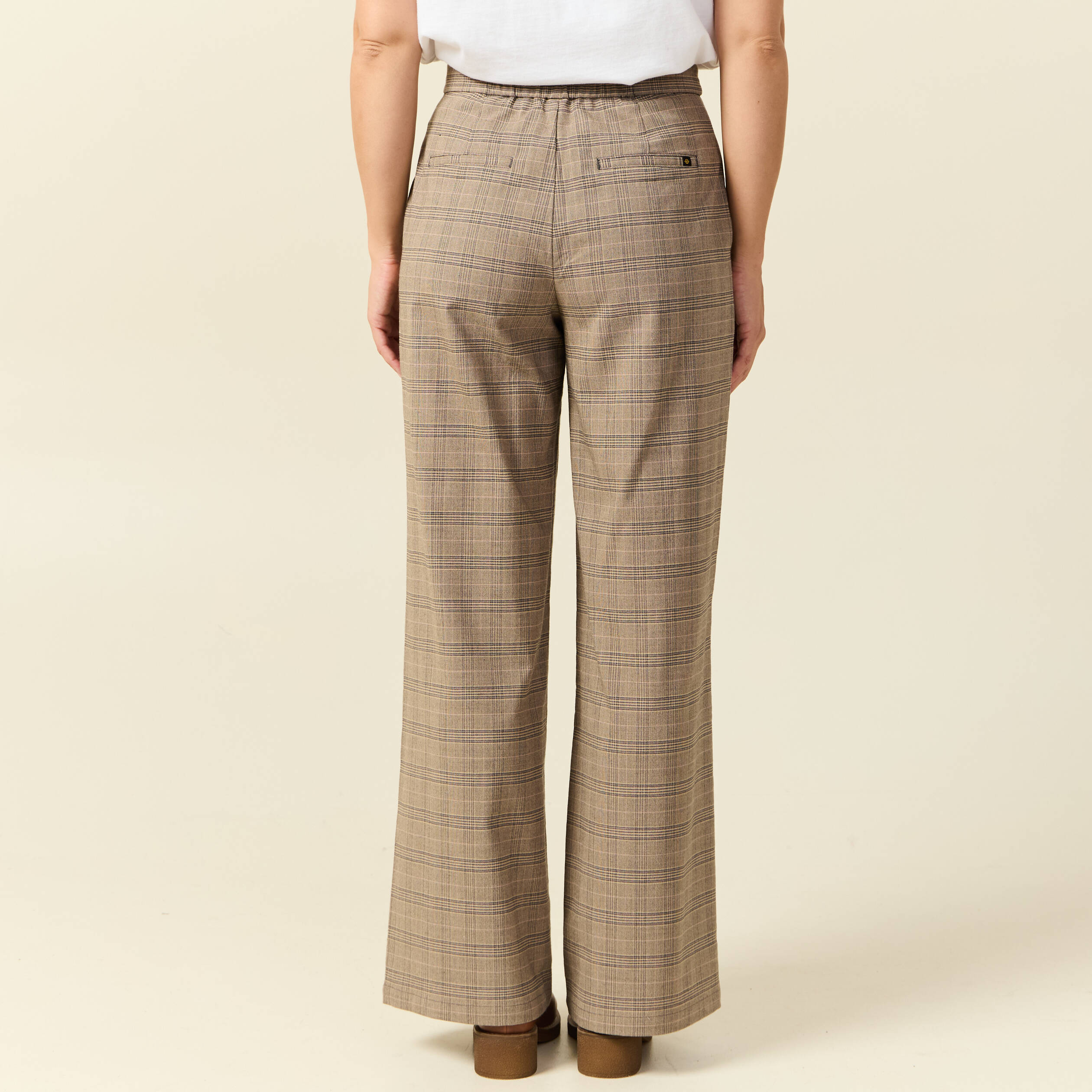 Pantalon large taille haute fluide beige fonce femme