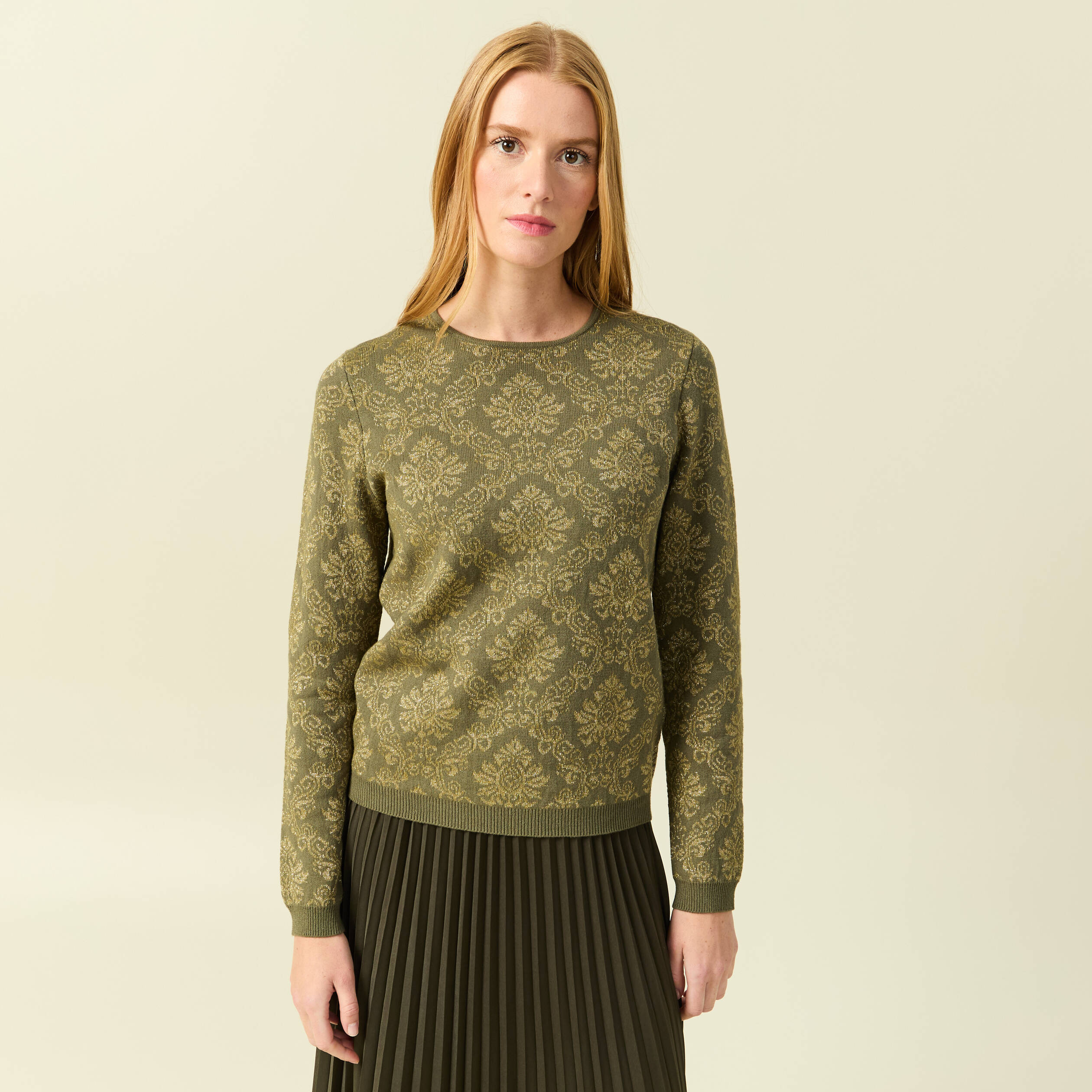 Pull manches longues col rond vert kaki femme