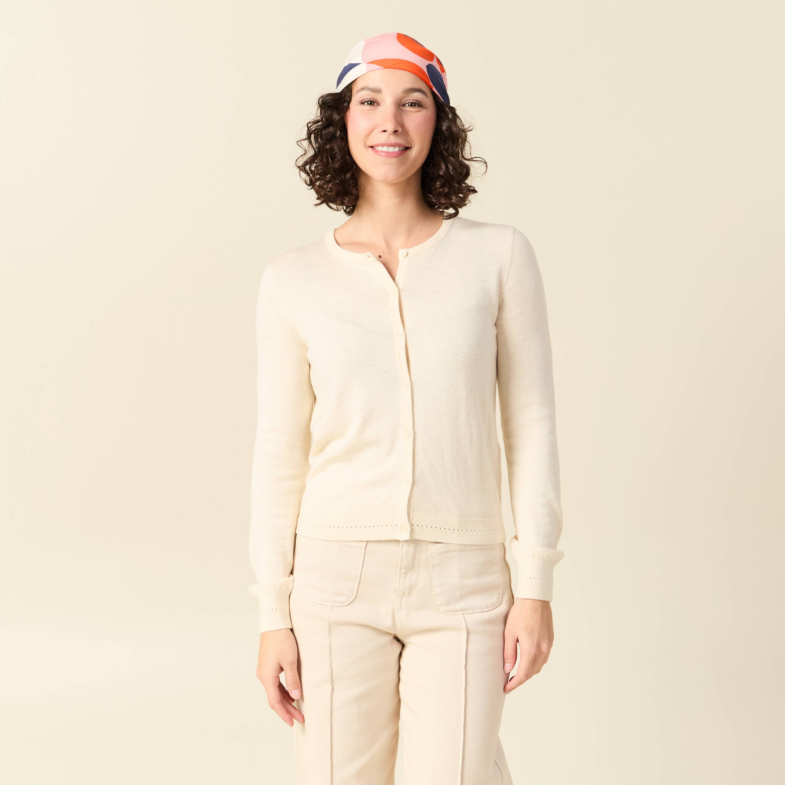 Gilet manches longues col rond creme femme