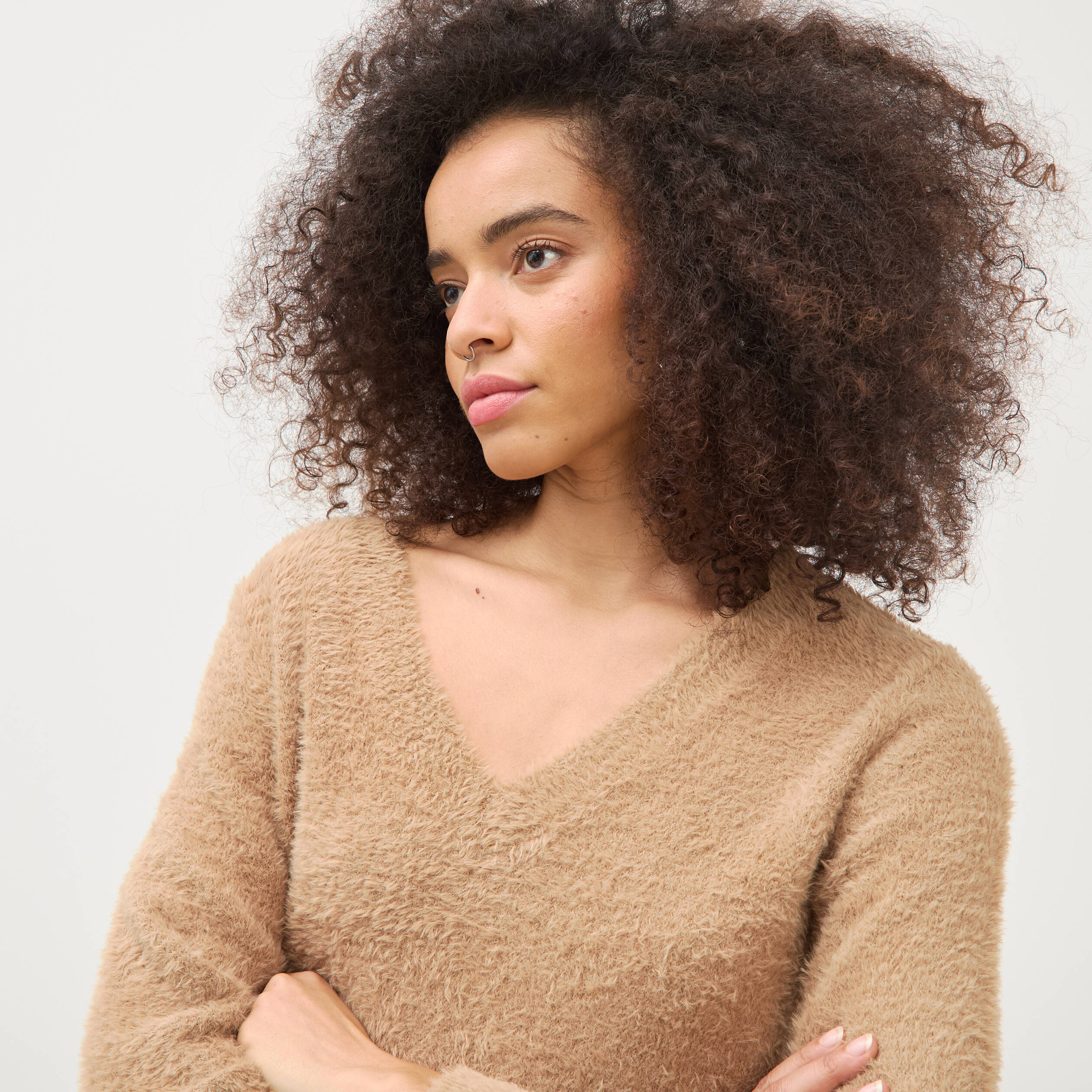Pull droit col v manches longues camel femme