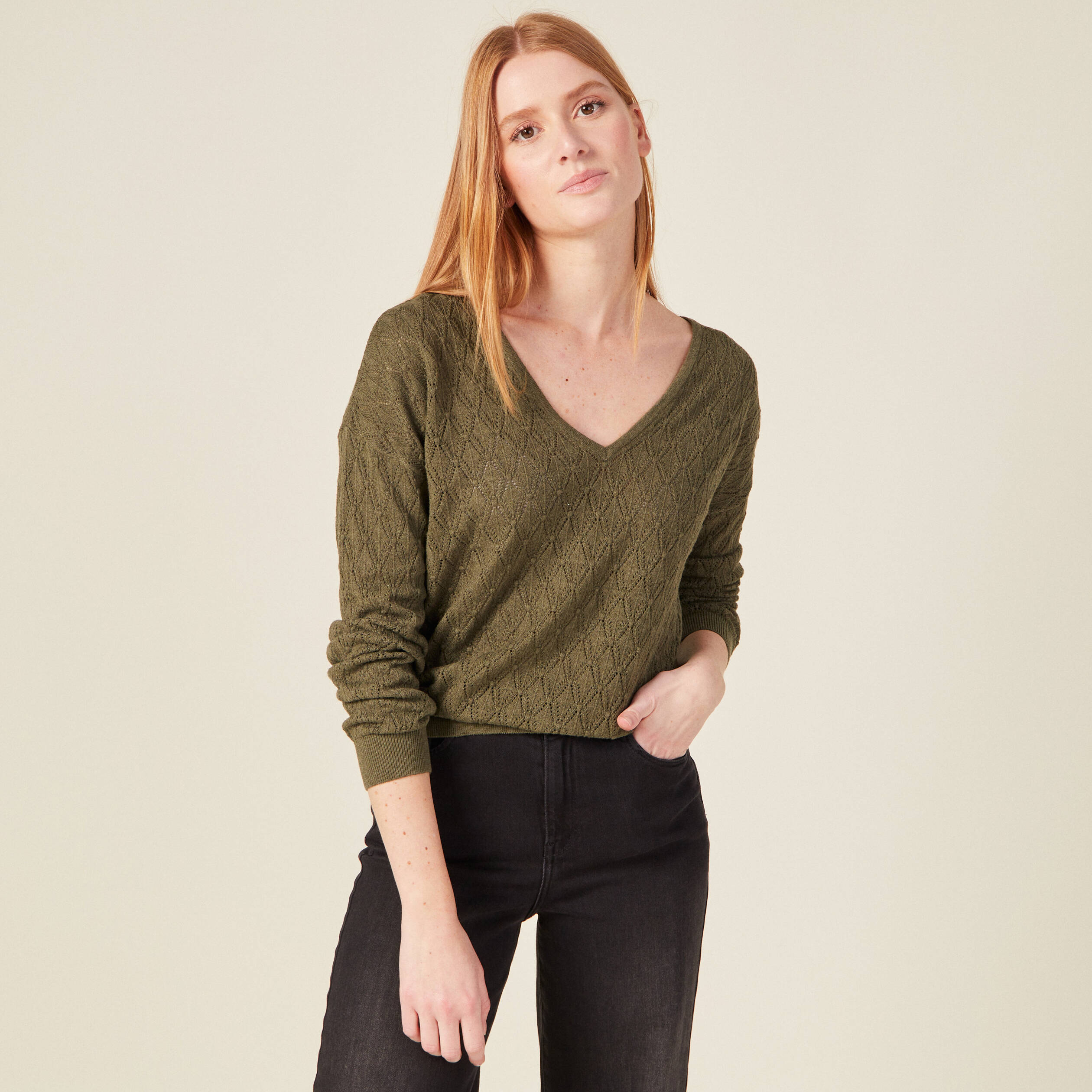 Pull fin à manches longues vert kaki femme